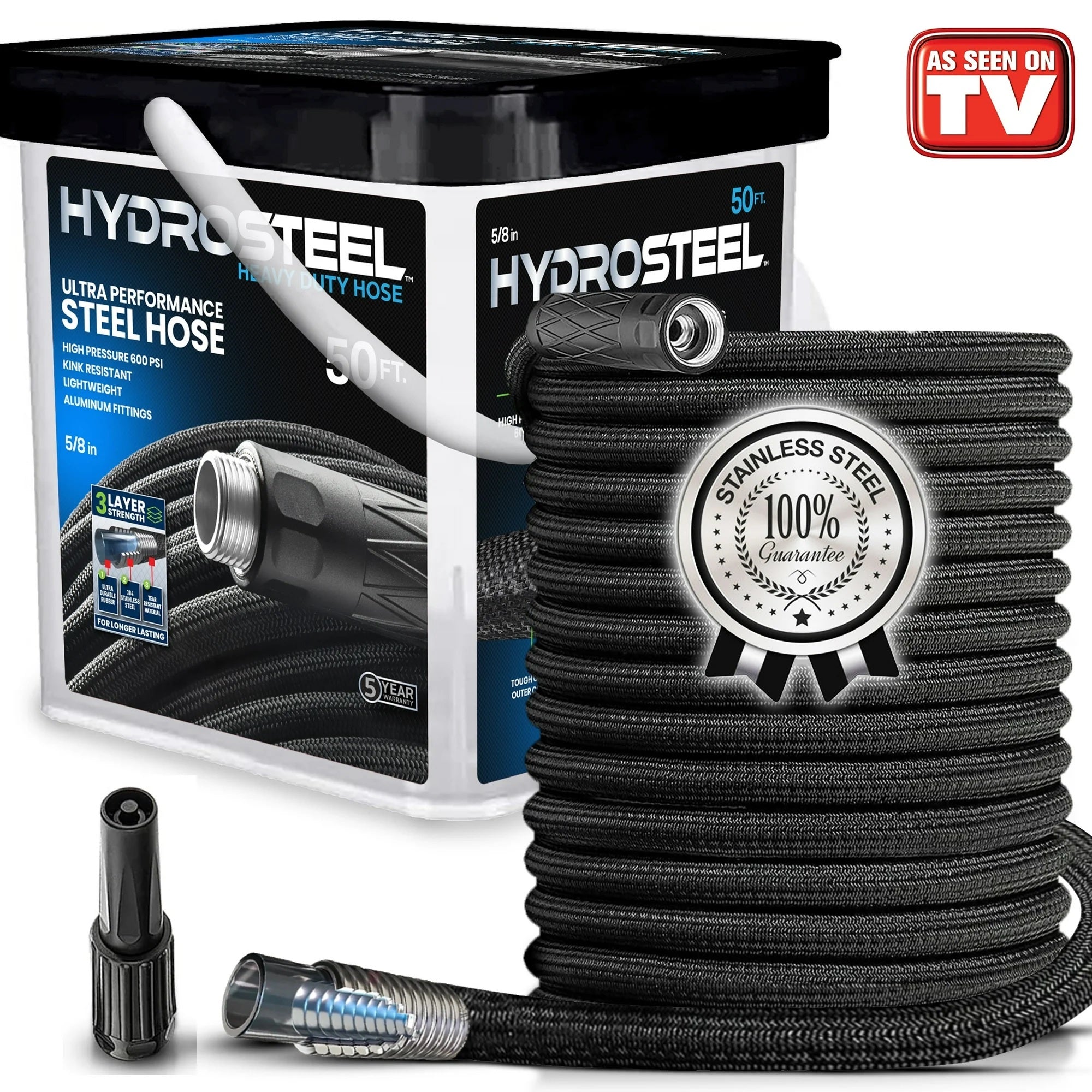 HydroSteel 50' ft Heavy-Duty Garden Hose with Storage Bucket