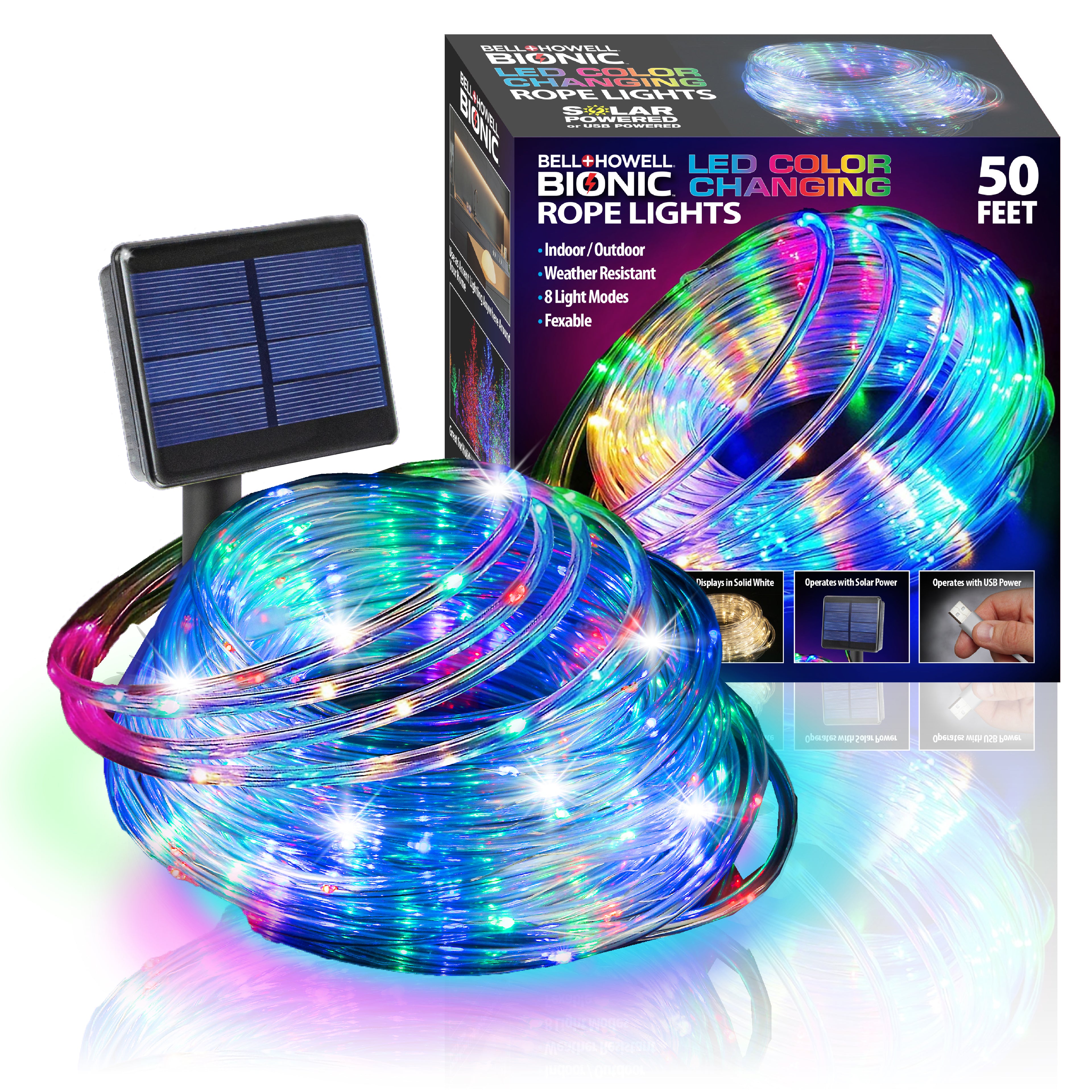 Bell + Howell 50' Bionic Color Changing Solar Powered Rope Lights - 50 FEET
