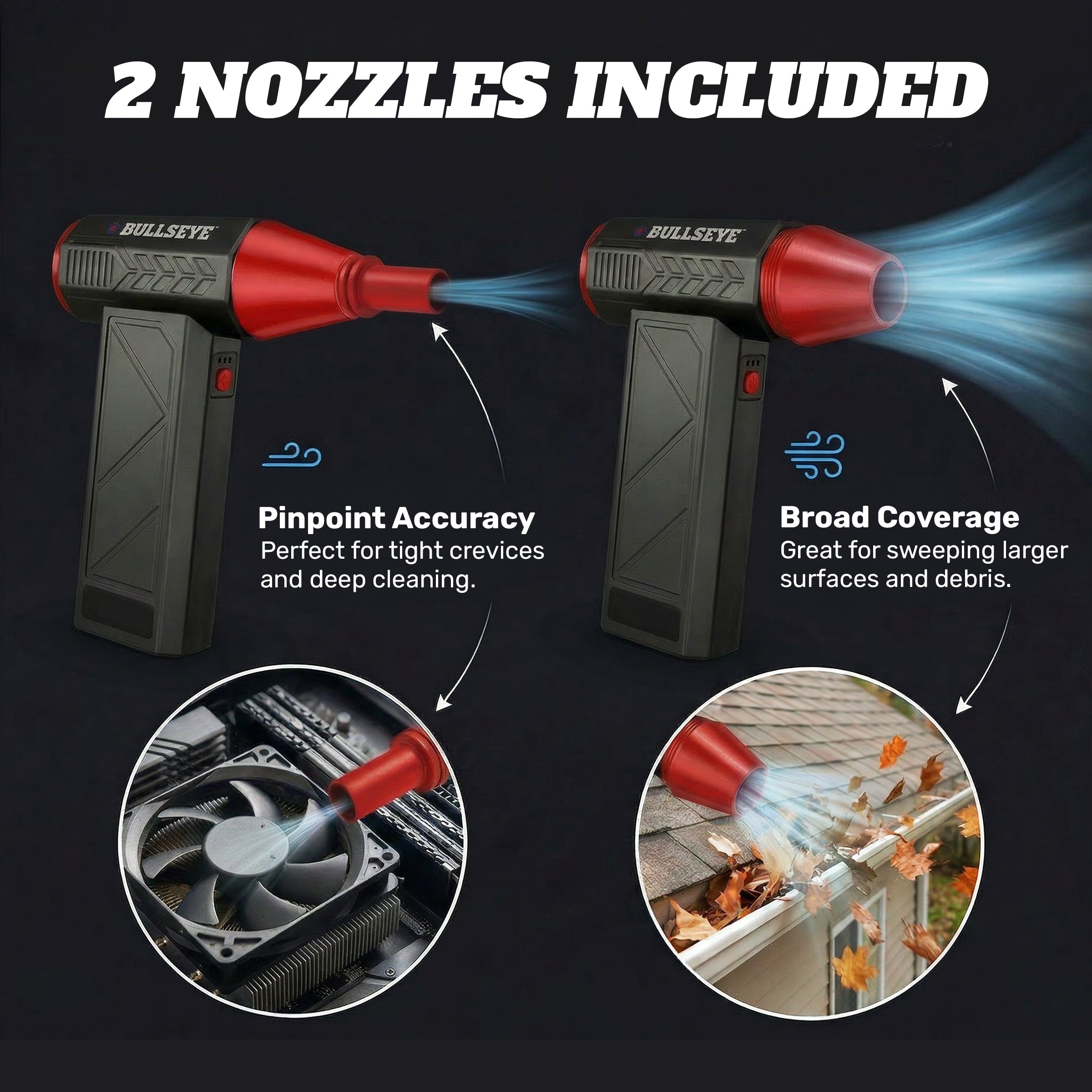 Bullseye Rechargeable Air Blaster – Portable Cordless Electric Air Duster & Leaf Blower with 3 Speeds, 2 Nozzles & 4000mAh Battery
