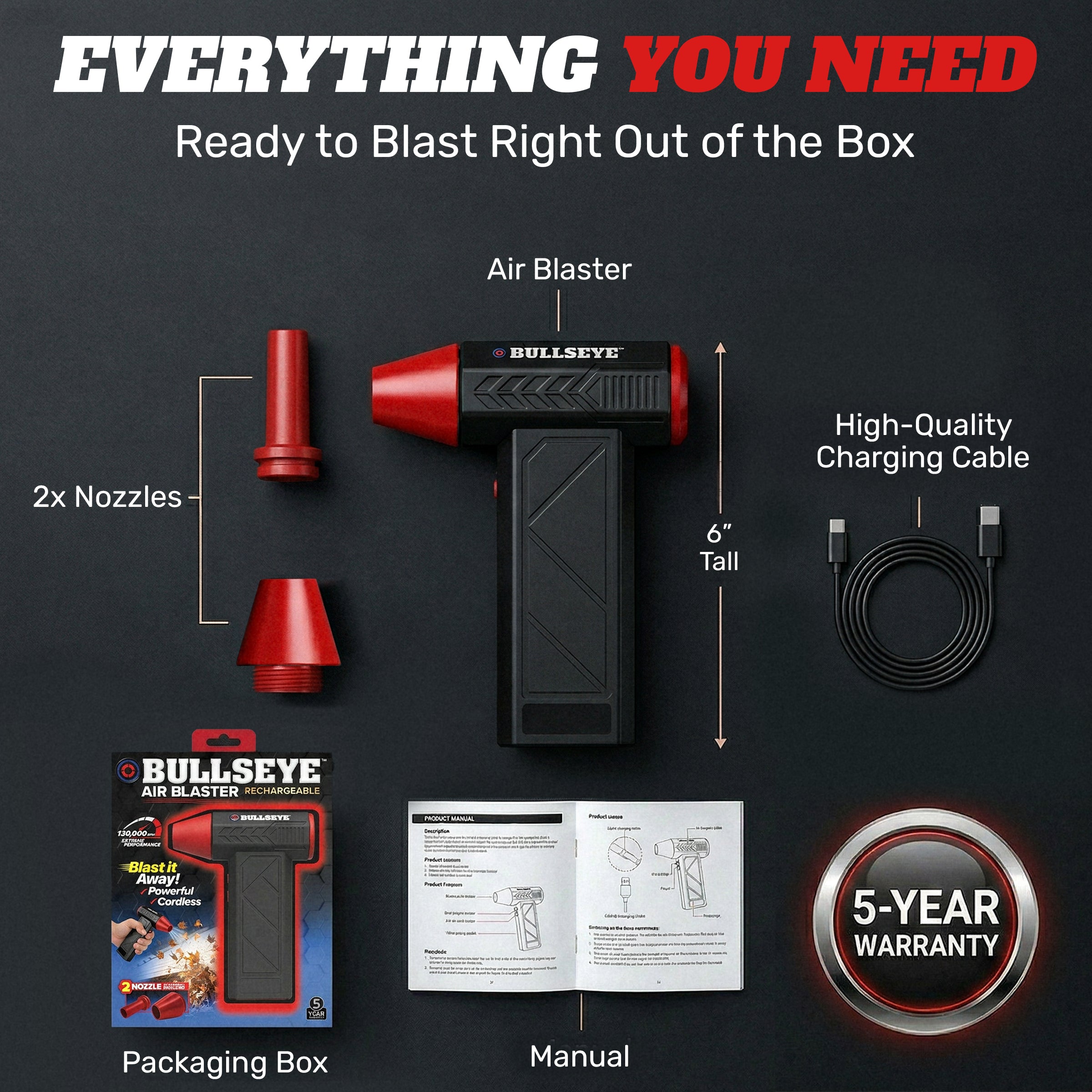 Bullseye Rechargeable Air Blaster – Portable Cordless Electric Air Duster & Leaf Blower with 3 Speeds, 2 Nozzles & 4000mAh Battery