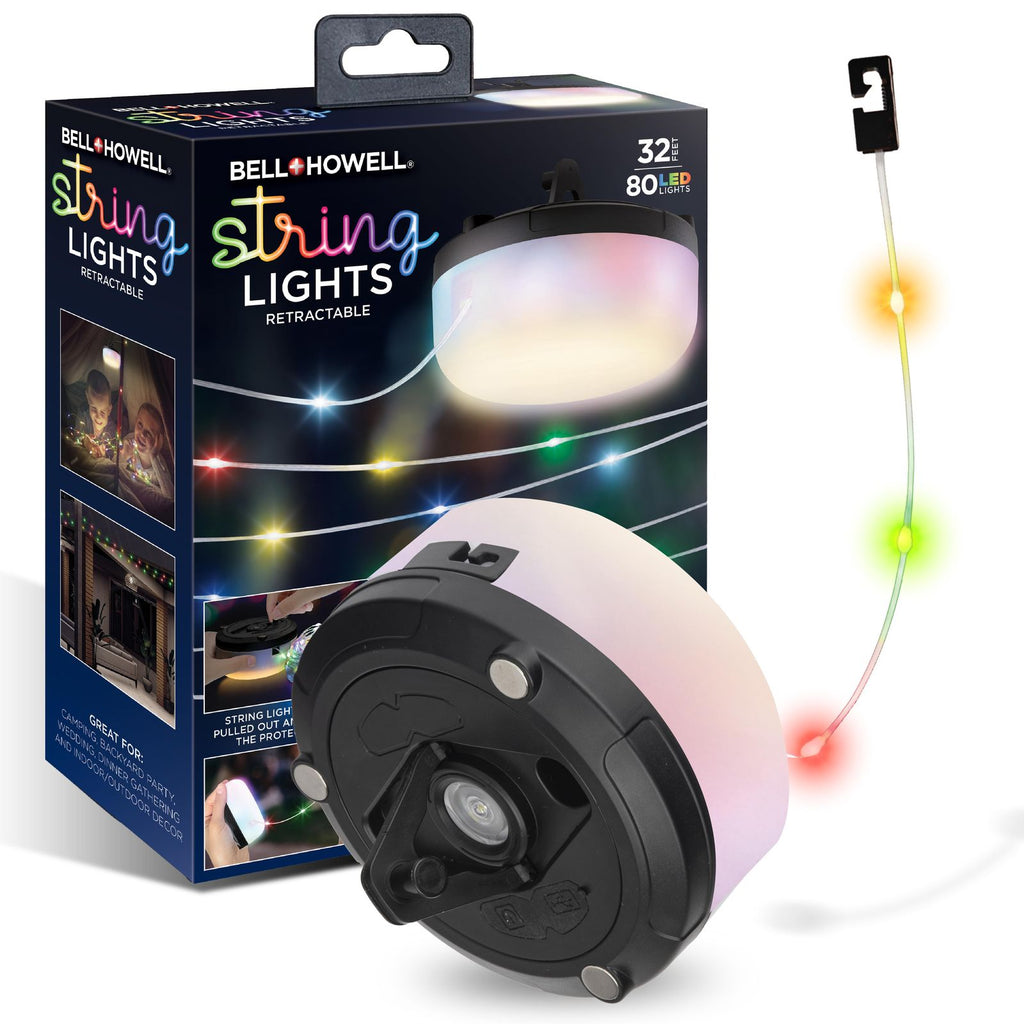 Holiday String Lights - 32' Retractable USB-C Rechargeable , 80 LED Color-Changing, Magnetic Base, Flashlight, Built-in Hook, IP65 Water-Resistant for Camping, Indoor & Outdoor Use
