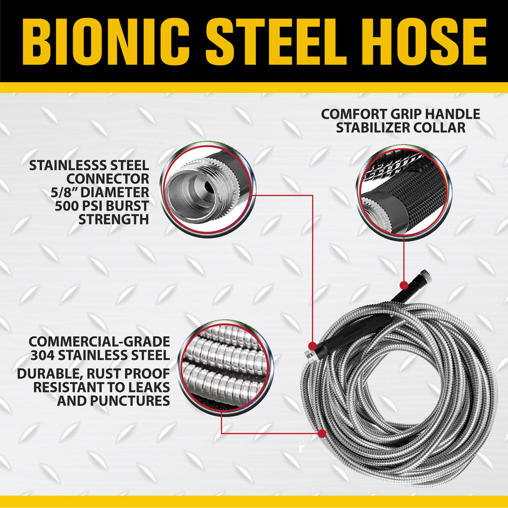 Bionic Steel Garden Hose - Stainless Steel, Flexible, Crush Resistant, Metal Fittings, Kink & Tangle Free