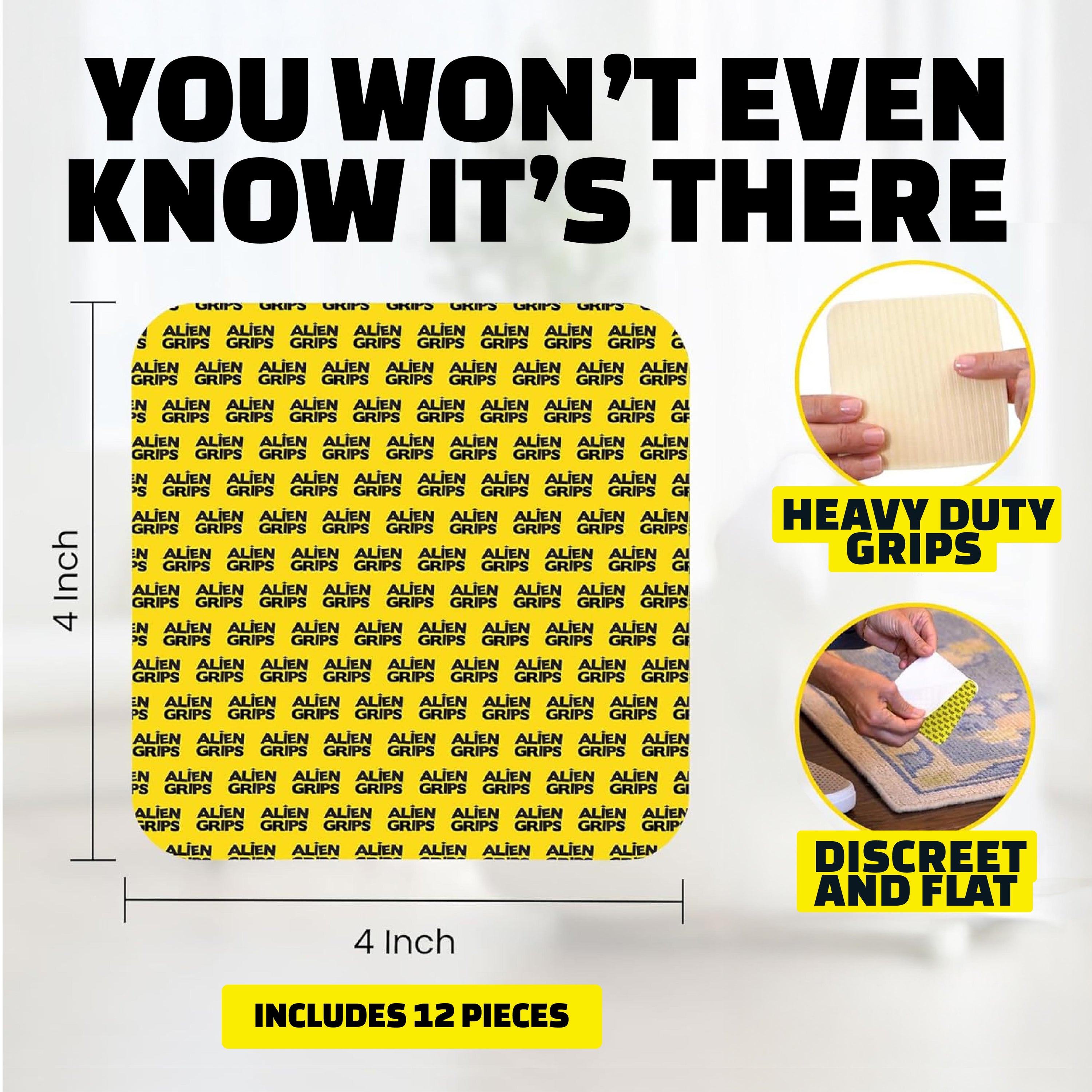 Alien Rug Grips Carpet Tape – 12pcs, 4x4 in. Reusable Double-Sided Pads for Hardwood and Tile Floors, Non-Slip Corner Rug Pads