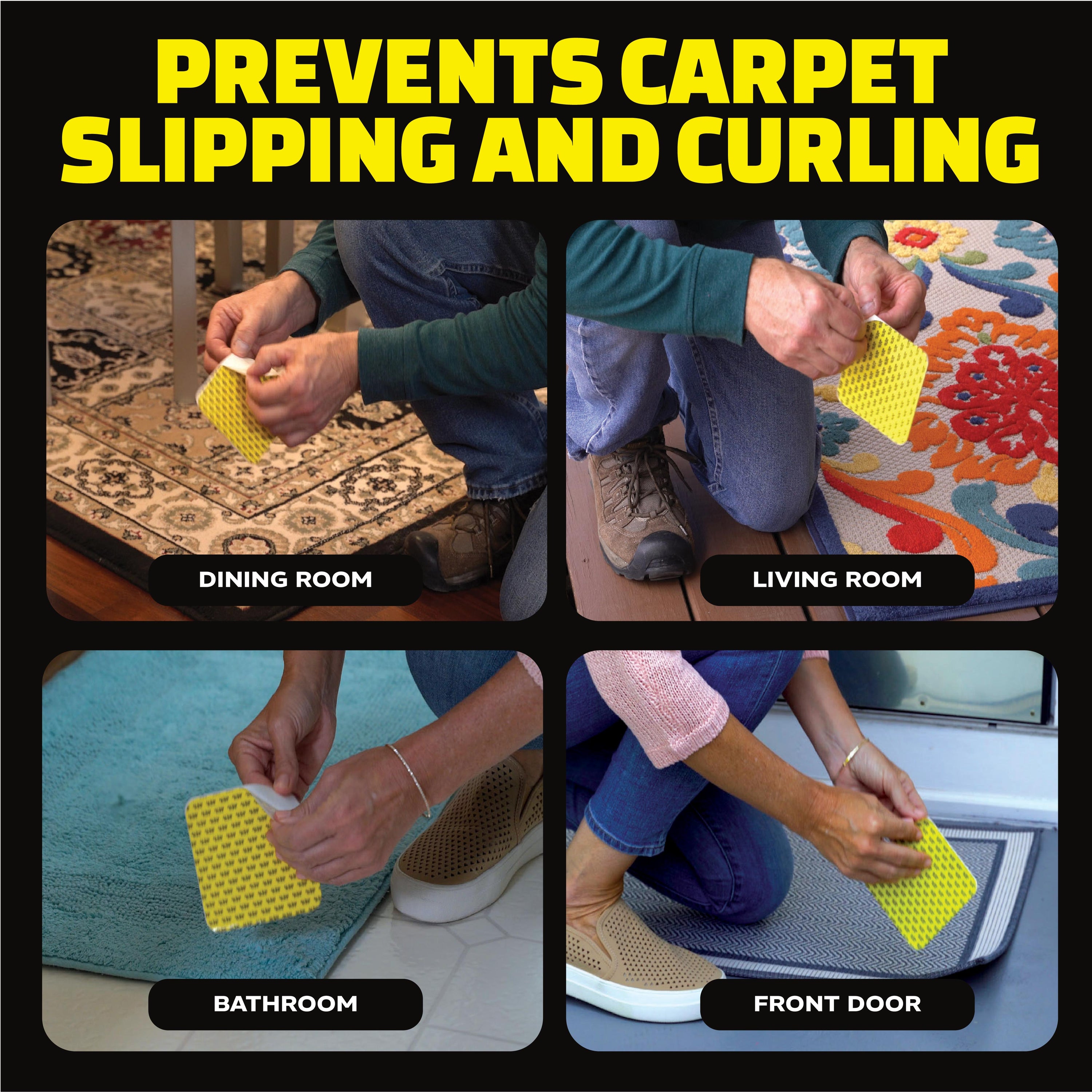 Alien Rug Grips Carpet Tape – 12pcs, 4x4 in. Reusable Double-Sided Pads for Hardwood and Tile Floors, Non-Slip Corner Rug Pads