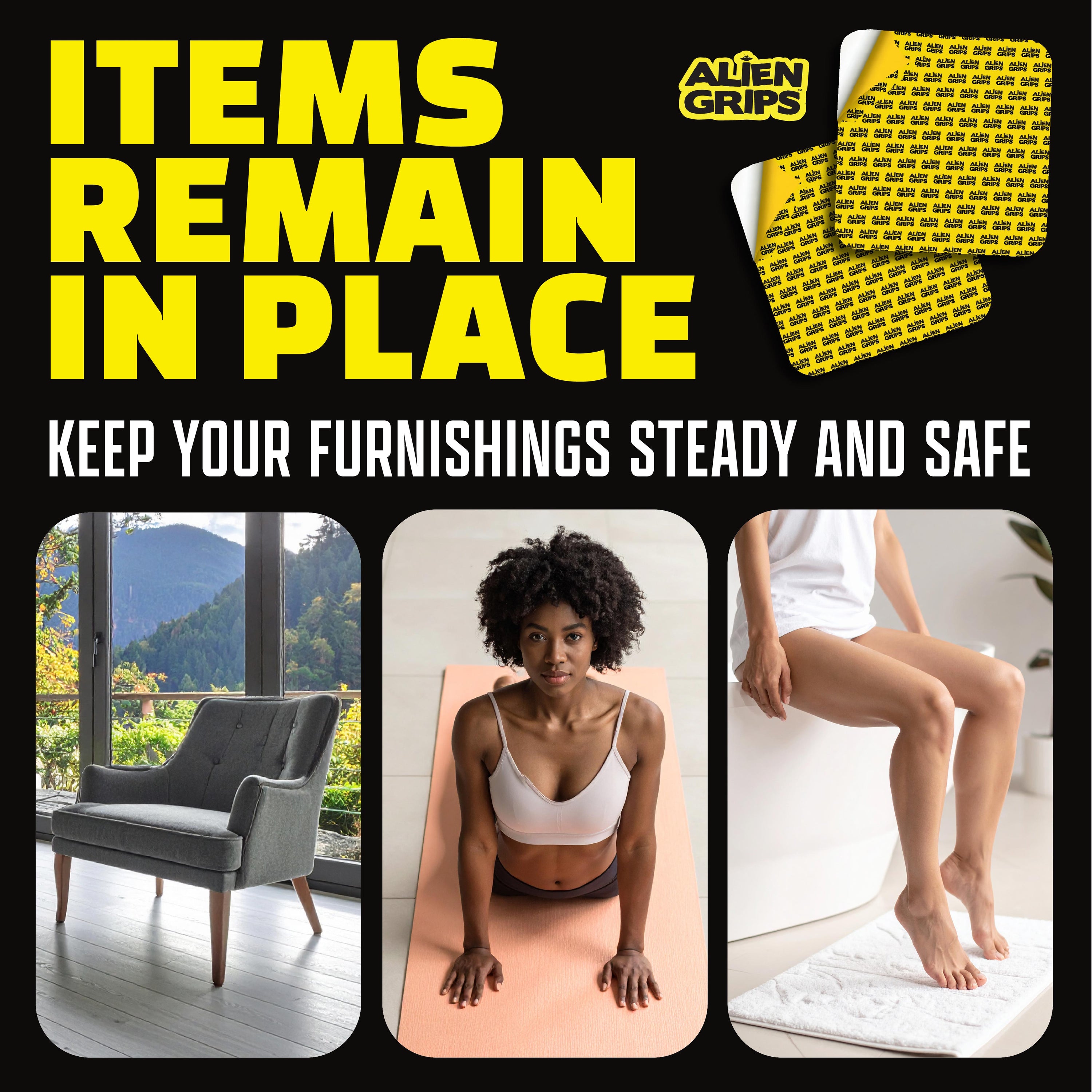 Alien Rug Grips Carpet Tape – 12pcs, 4x4 in. Reusable Double-Sided Pads for Hardwood and Tile Floors, Non-Slip Corner Rug Pads