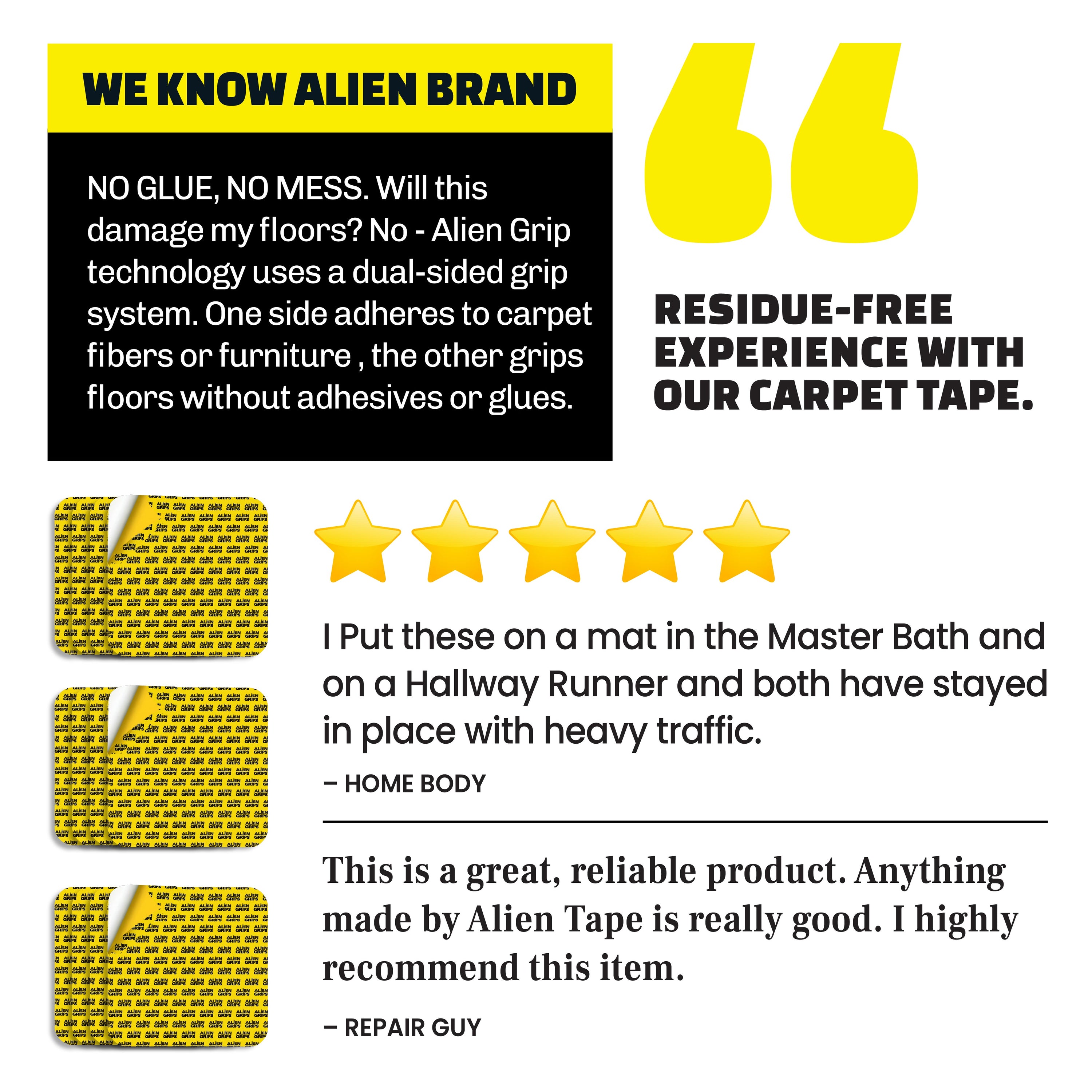 Alien Rug Grips Carpet Tape – 12pcs, 4x4 in. Reusable Double-Sided Pads for Hardwood and Tile Floors, Non-Slip Corner Rug Pads