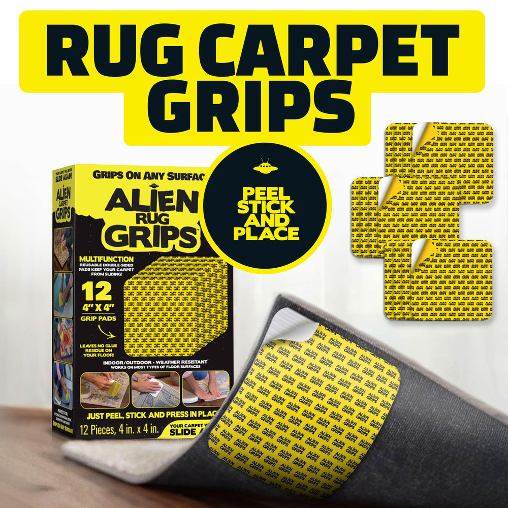 Alien Rug Grips Carpet Tape – 12pcs, 4x4 in. Reusable Double-Sided Pads for Hardwood and Tile Floors, Non-Slip Corner Rug Pads