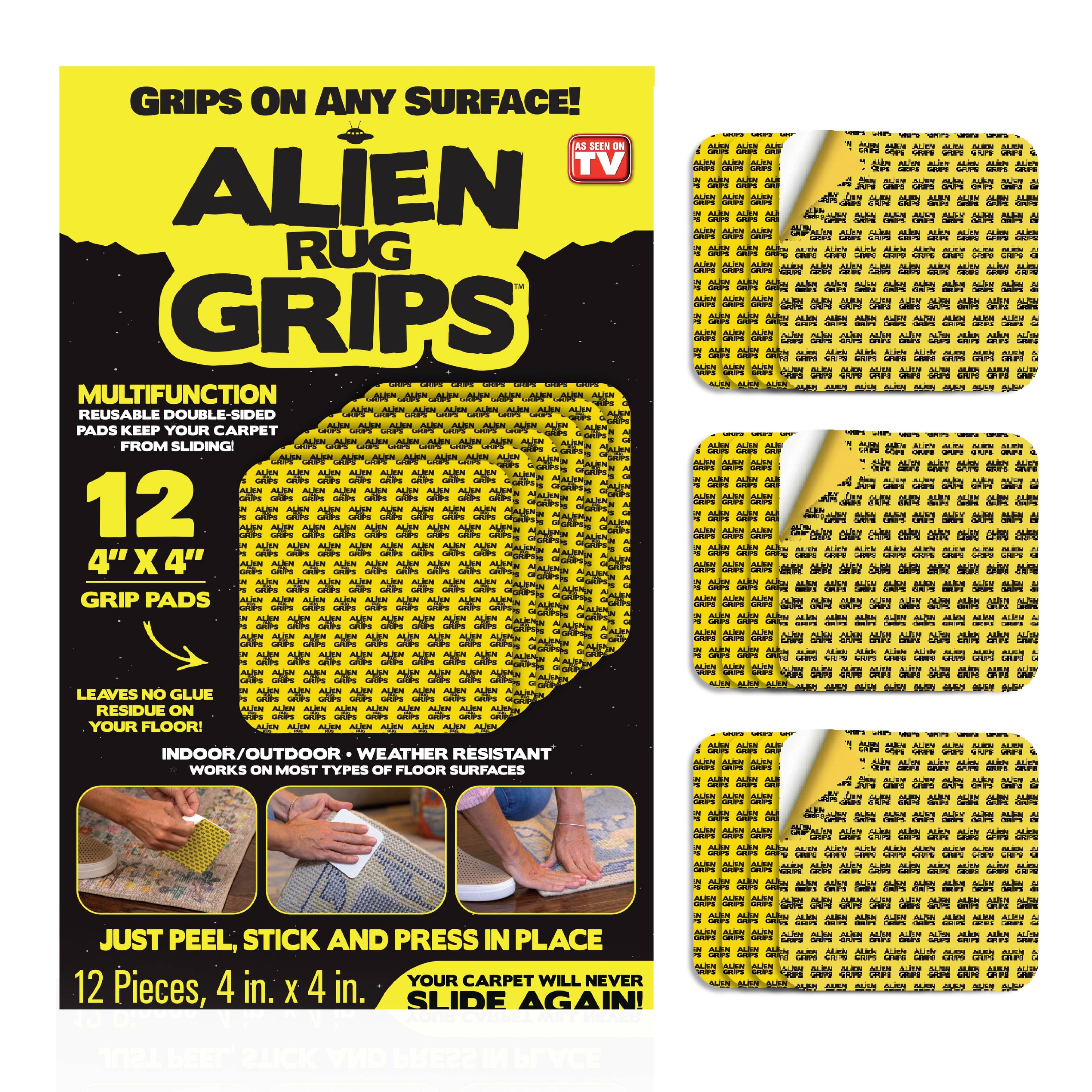 Alien Rug Grips Carpet Tape – 12pcs, 4x4 in. Reusable Double-Sided Pads for Hardwood and Tile Floors, Non-Slip Corner Rug Pads