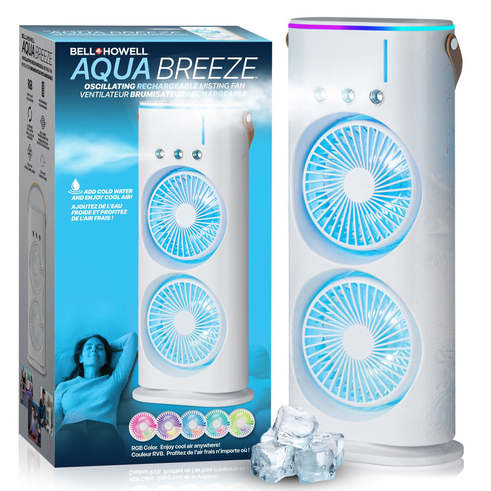 Aqua Breeze Cool Misting Fan, Remote Controlled, Oscillating, USB-C Rechargeable, Color Changing, Lightweight, Portable,