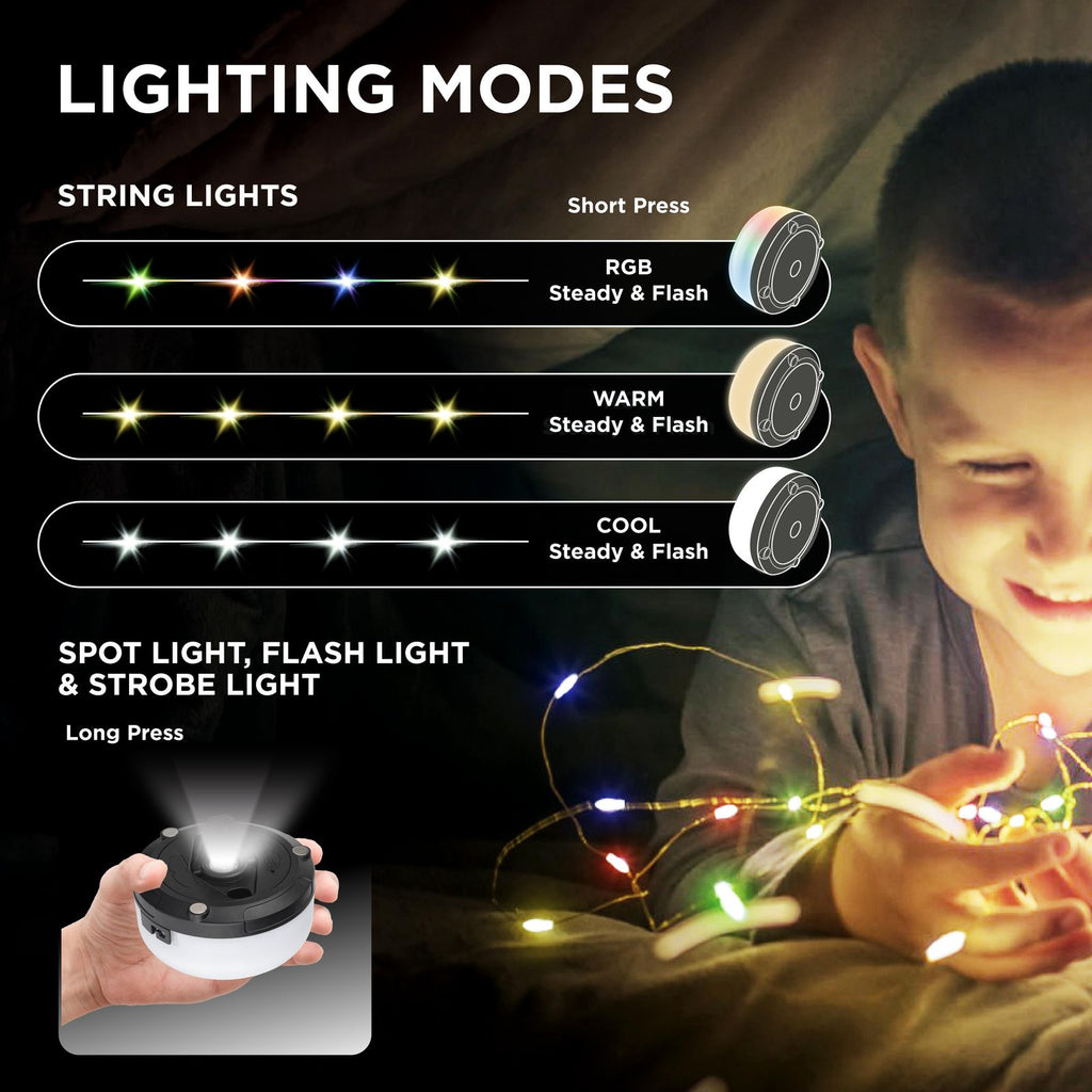 Holiday String Lights - 32' Retractable USB-C Rechargeable , 80 LED Color-Changing, Magnetic Base, Flashlight, Built-in Hook, IP65 Water-Resistant for Camping, Indoor & Outdoor Use