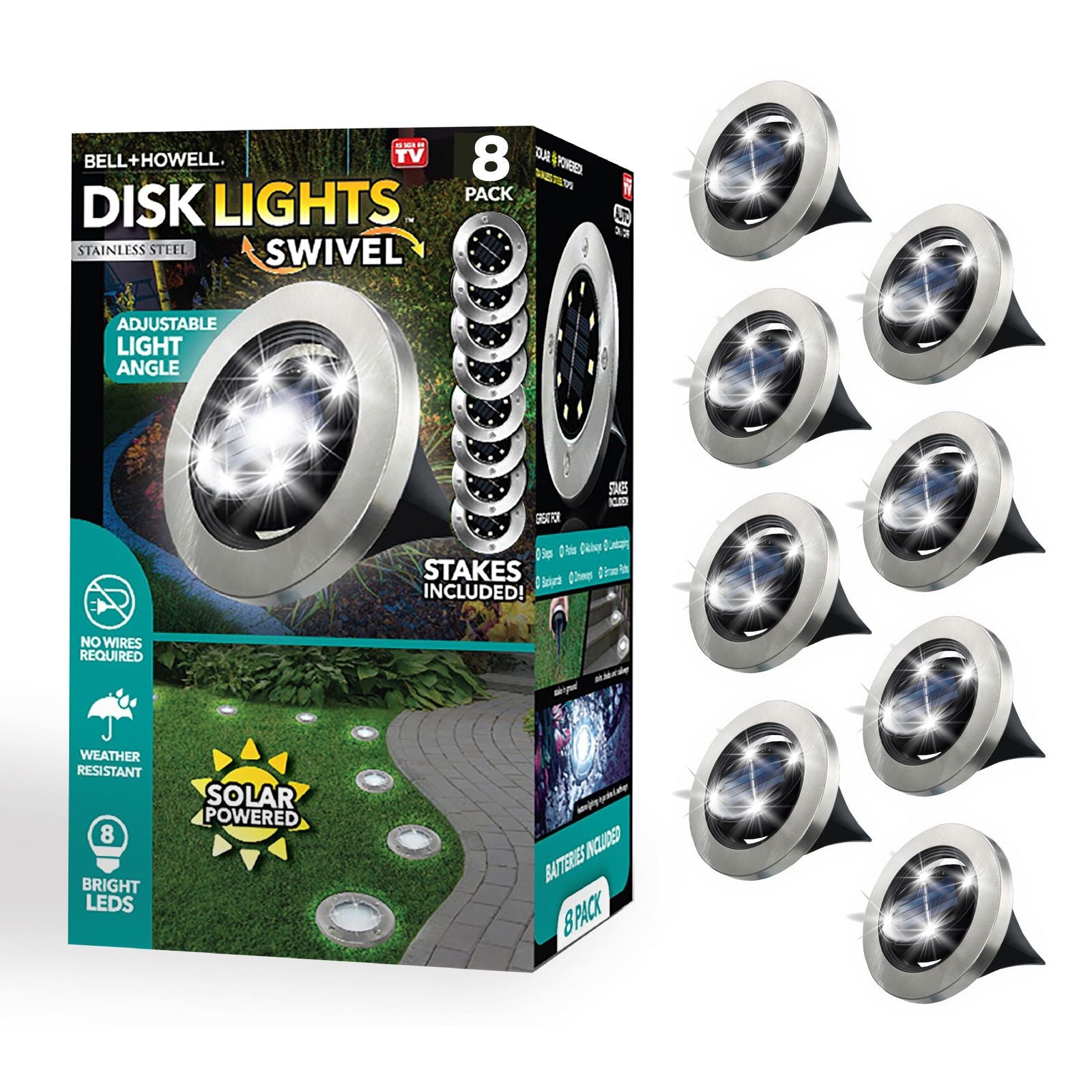 Bell + Howell Stainless Steel Disk Lights, Solar Powered, Pathway & Landscape Swivel Lights