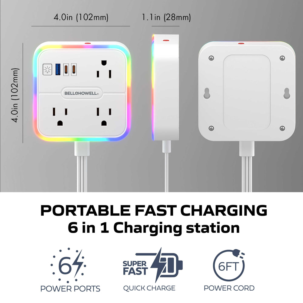 RGB Power Station - Surge Protection, 6 ft. Cord, 6 Power Ports, Super Fast Charging, USB-C, USB-A, Night Light