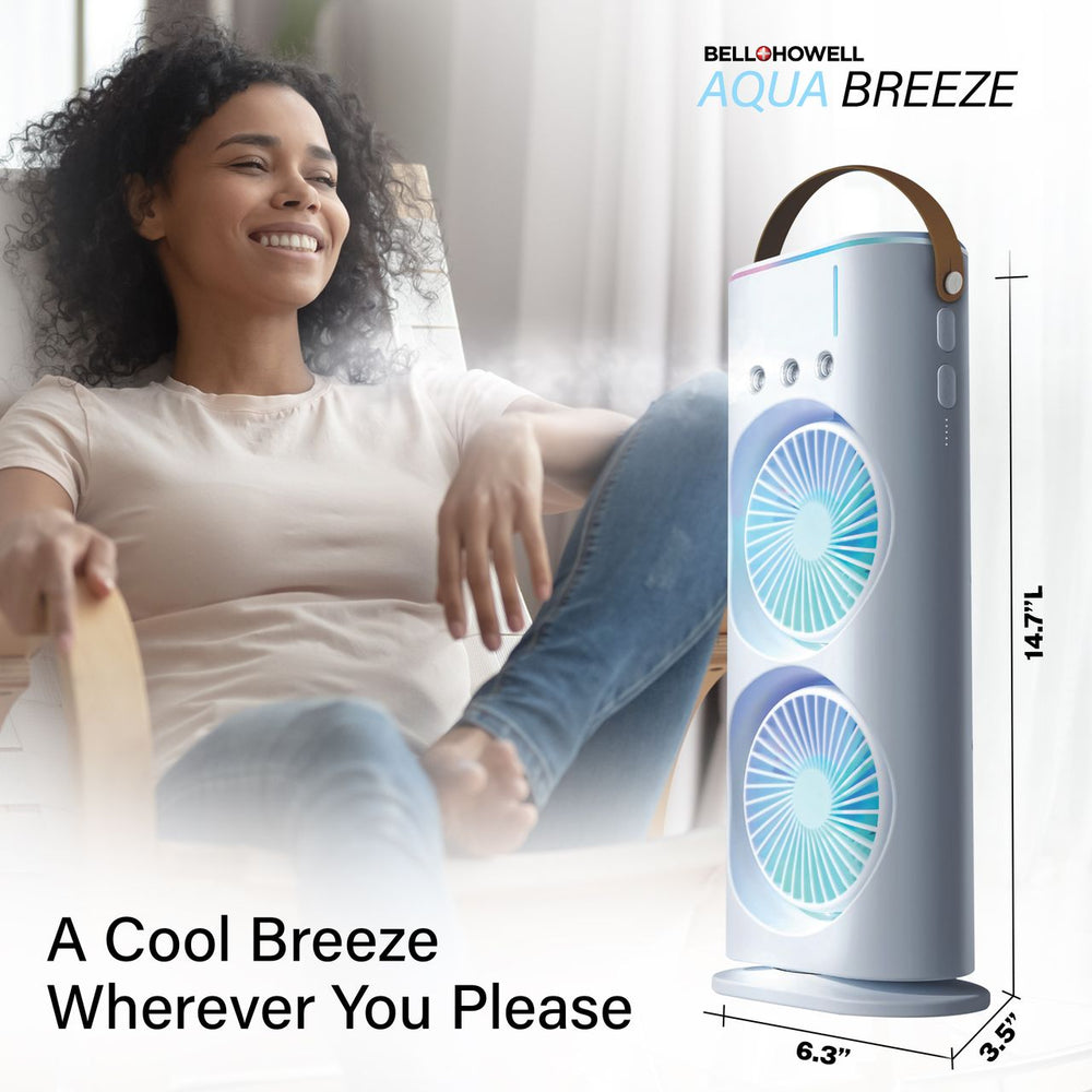 Aqua Breeze Cool Misting Fan, Remote Controlled, Oscillating, USB-C Rechargeable, Color Changing, Lightweight, Portable,