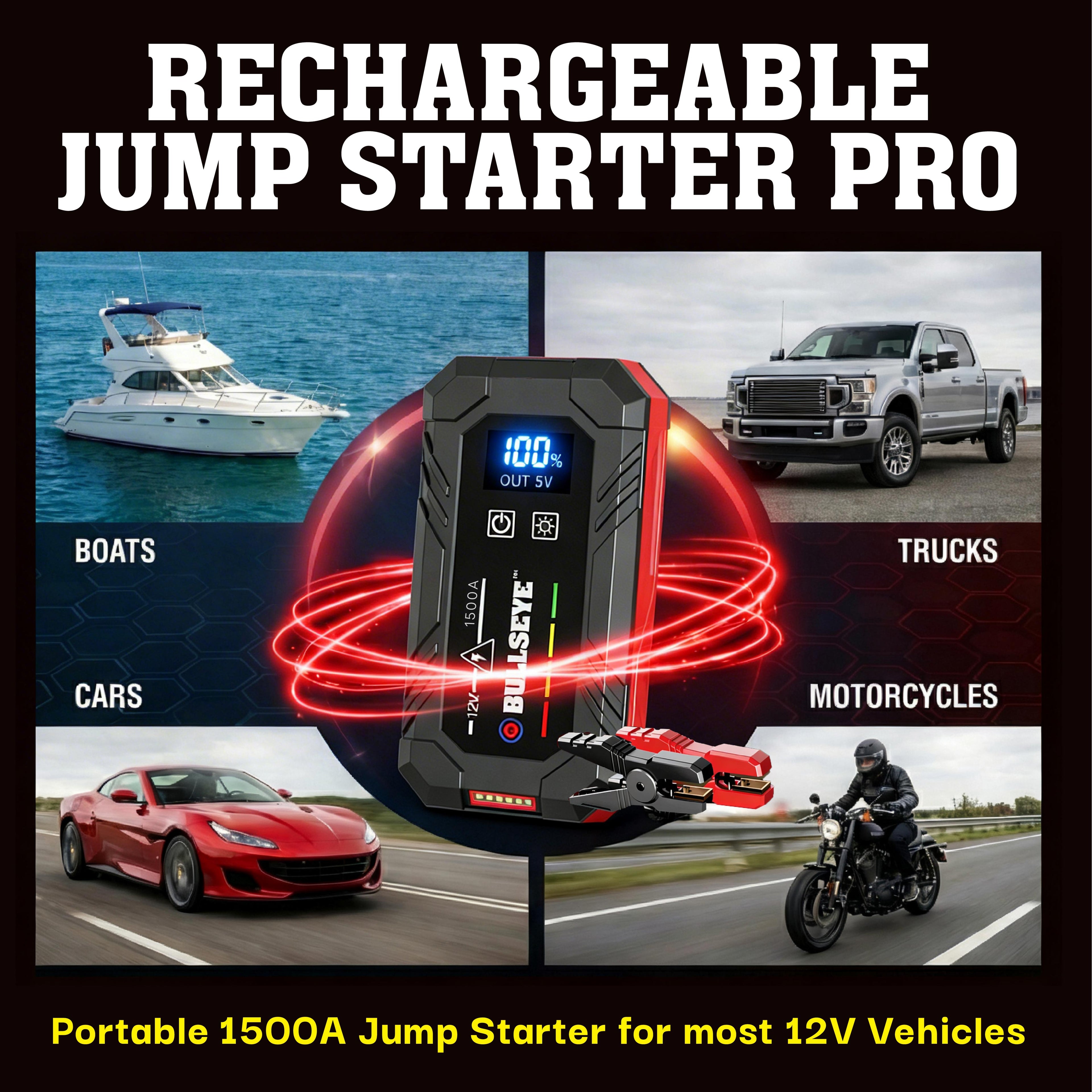 Bullseye Pro Rechargable Jump Starter – 12V Portable Car Battery Booster Pack with Smart Jumper Cables, USB Power Bank, LED Flashlight for Cars, Trucks, SUVs, Motorcycles