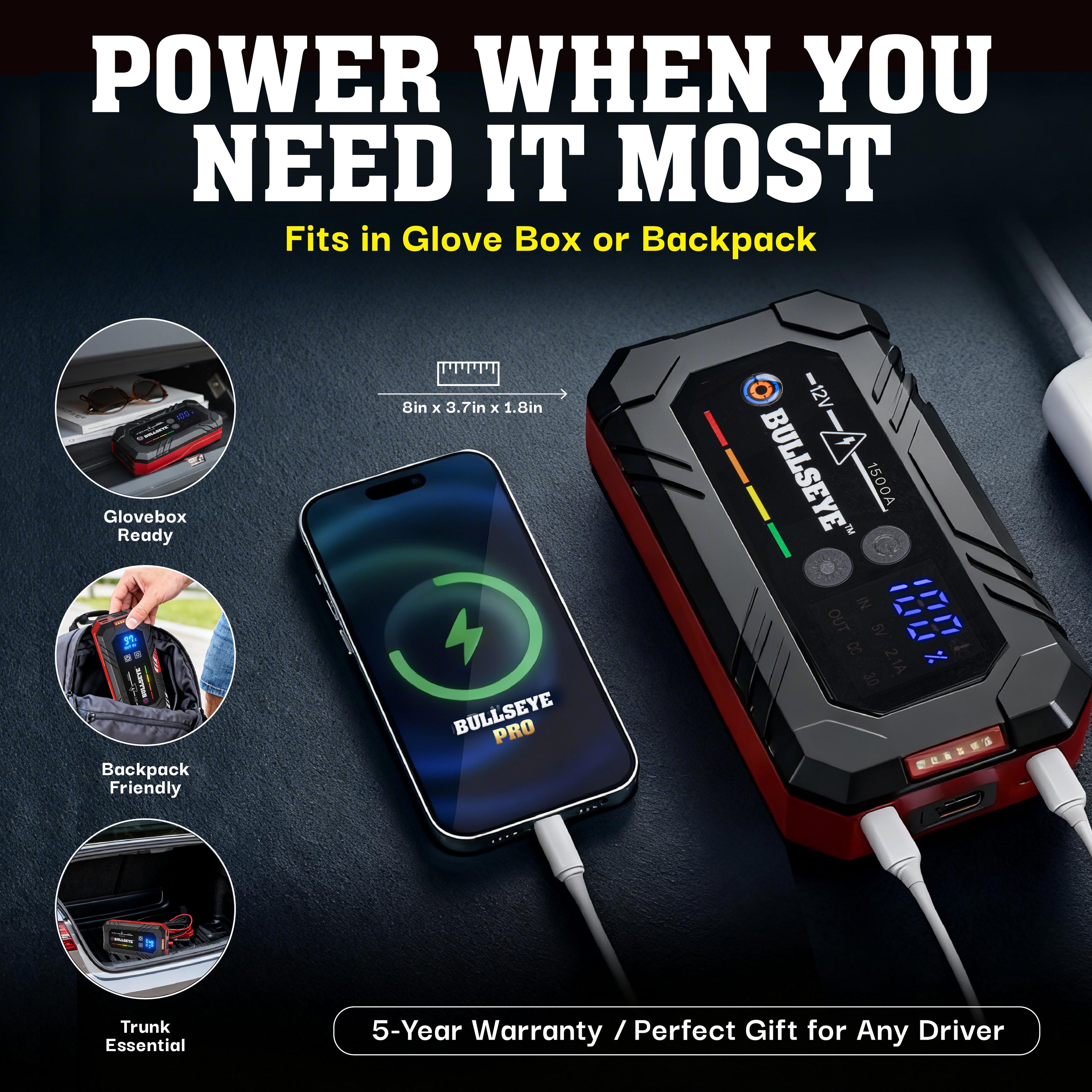 Bullseye Pro Rechargable Jump Starter – 12V Portable Car Battery Booster Pack with Smart Jumper Cables, USB Power Bank, LED Flashlight for Cars, Trucks, SUVs, Motorcycles