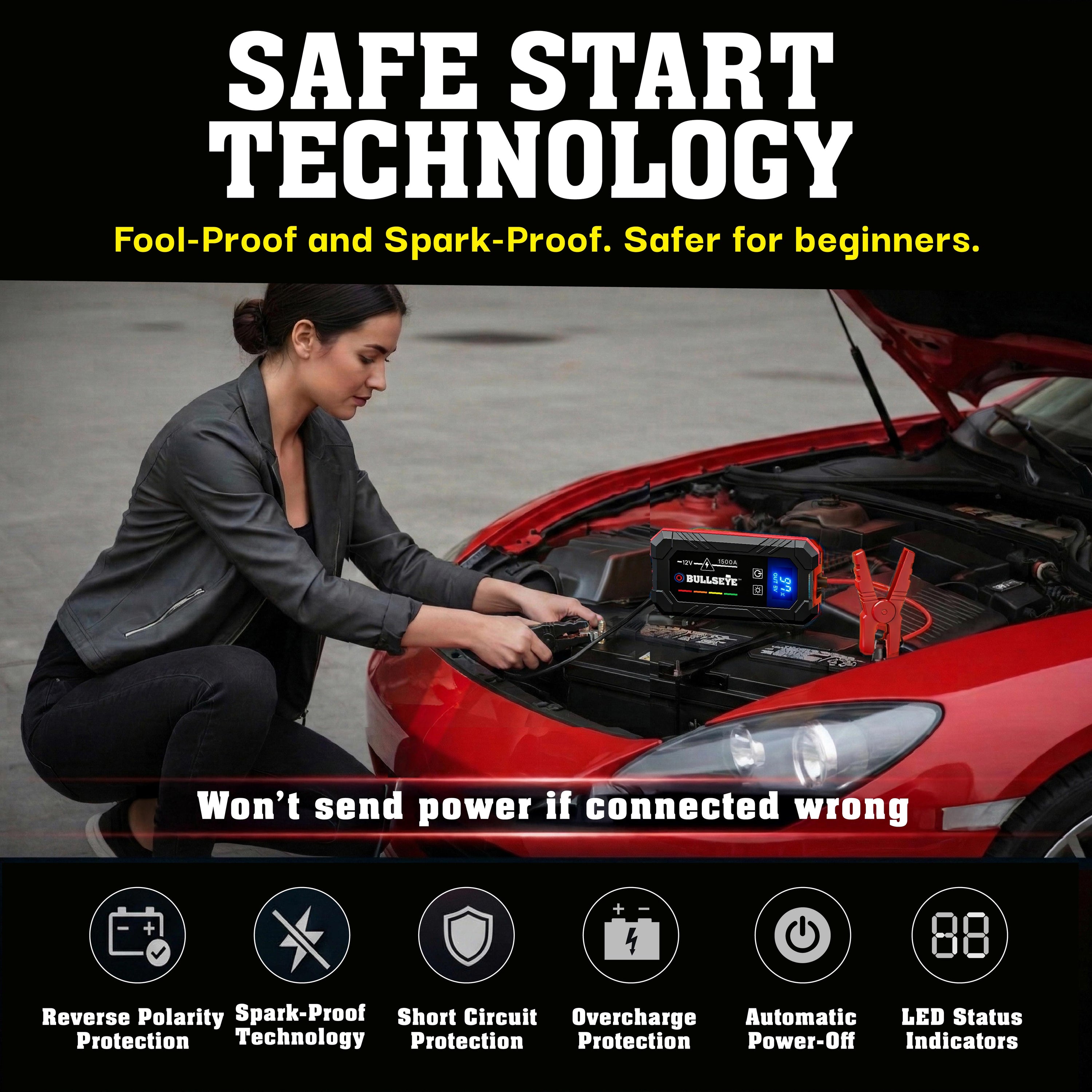 Bullseye Pro Rechargable Jump Starter – 12V Portable Car Battery Booster Pack with Smart Jumper Cables, USB Power Bank, LED Flashlight for Cars, Trucks, SUVs, Motorcycles