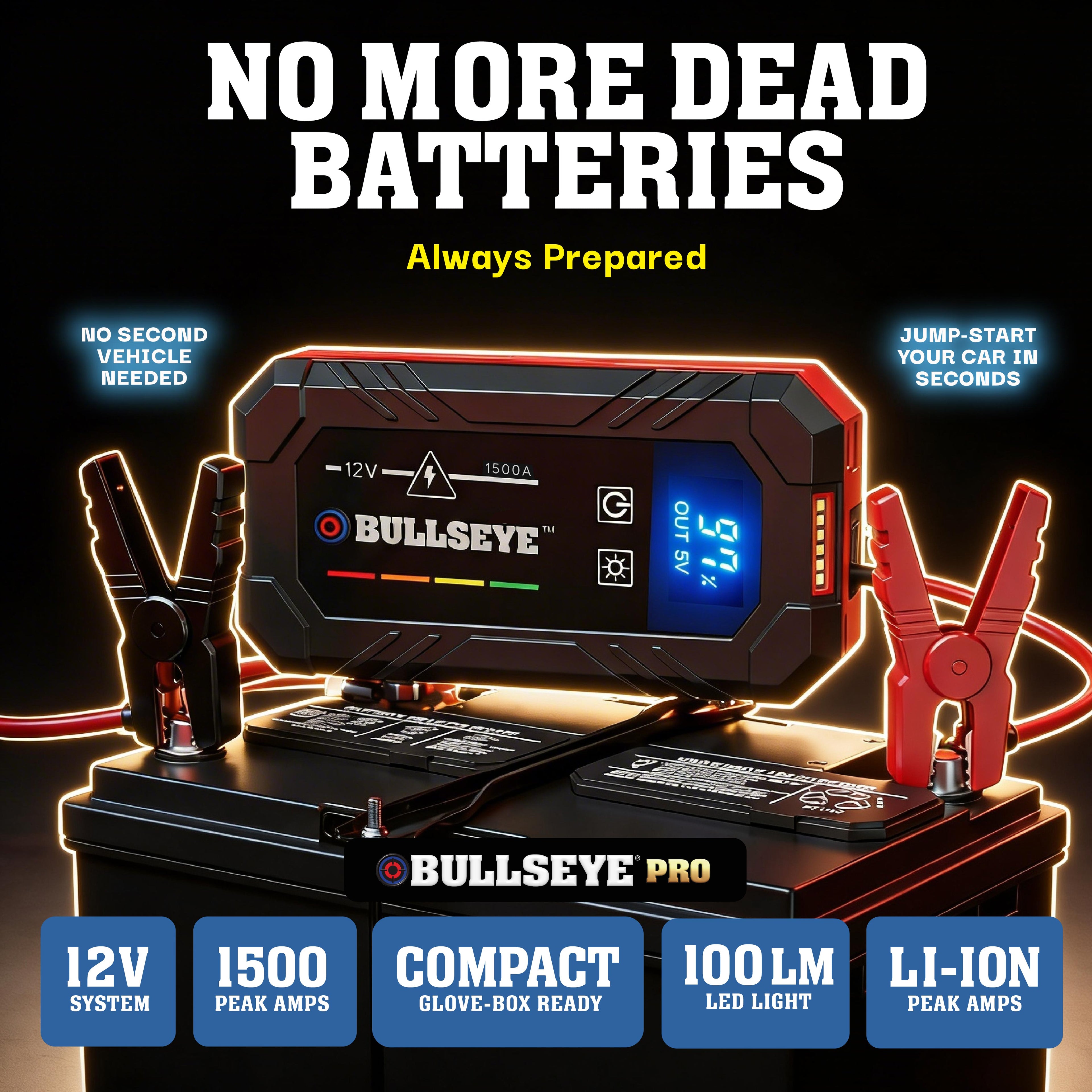 Bullseye Pro Rechargable Jump Starter – 12V Portable Car Battery Booster Pack with Smart Jumper Cables, USB Power Bank, LED Flashlight for Cars, Trucks, SUVs, Motorcycles