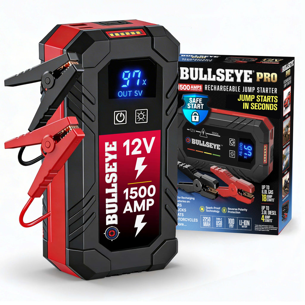 Bullseye Pro Rechargable Jump Starter – 12V Portable Car Battery Booster Pack with Smart Jumper Cables, USB Power Bank, LED Flashlight for Cars, Trucks, SUVs, Motorcycles