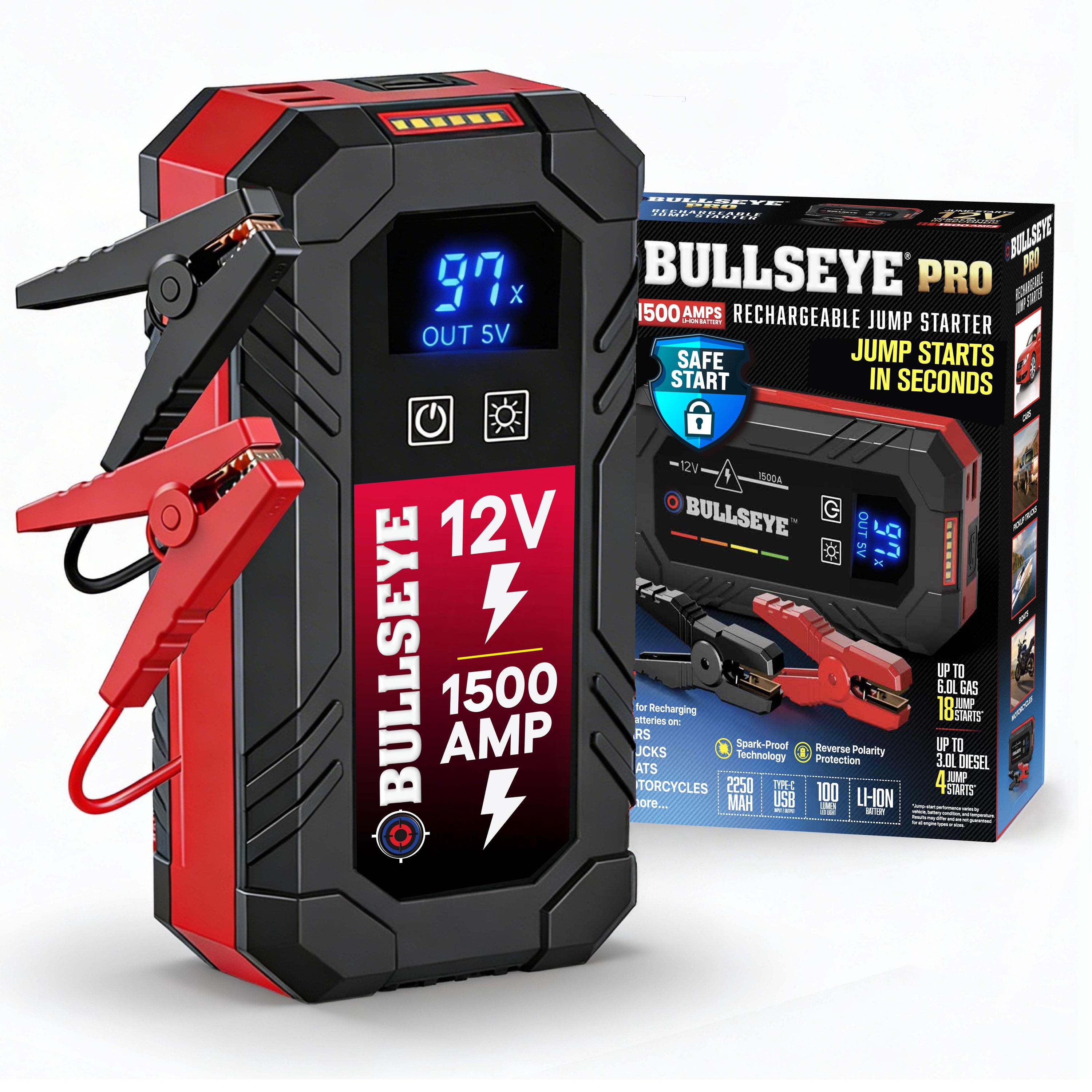 Bullseye Pro Rechargable Jump Starter – 12V Portable Car Battery Booster Pack with Smart Jumper Cables, USB Power Bank, LED Flashlight for Cars, Trucks, SUVs, Motorcycles