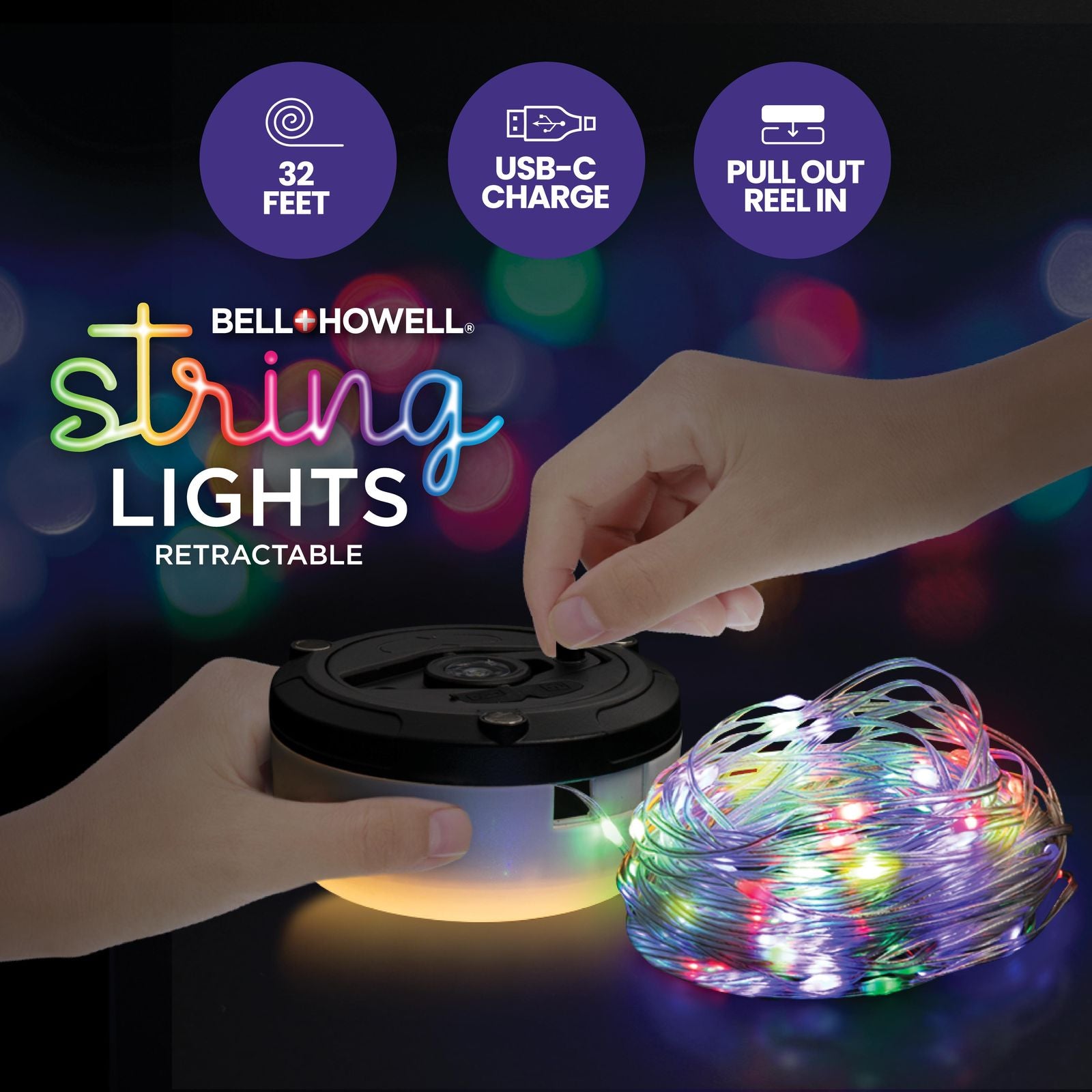 Holiday String Lights - 32' Retractable USB-C Rechargeable , 80 LED Color-Changing, Magnetic Base, Flashlight, Built-in Hook, IP65 Water-Resistant for Camping, Indoor & Outdoor Use