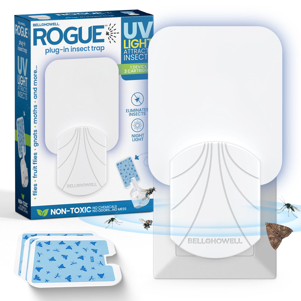 Rogue Fly Insect Trap Indoor with Night Light and 3 Cartridges, Plug in Bug Catcher, Pest Repeller Indoor Bug Light Trap Indoor for Flies, Fruit Flies, Gnats and More, Odor Free