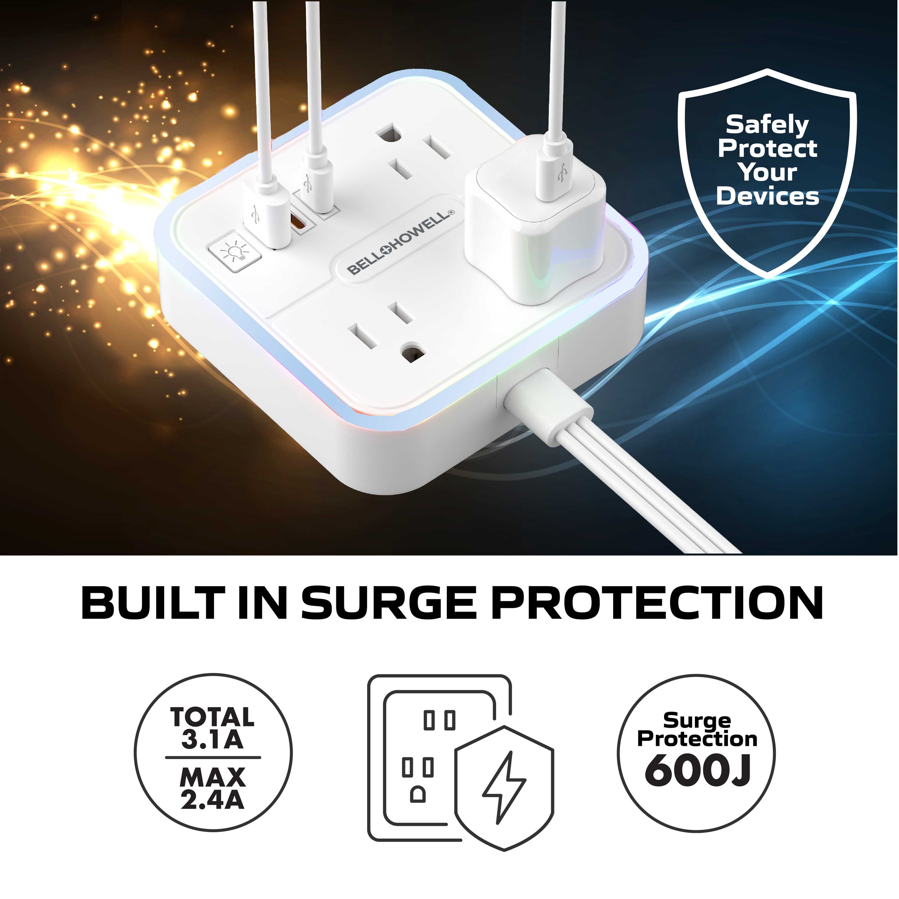 RGB Power Station - Surge Protection, 6 ft. Cord, 6 Power Ports, Super Fast Charging, USB-C, USB-A, Night Light