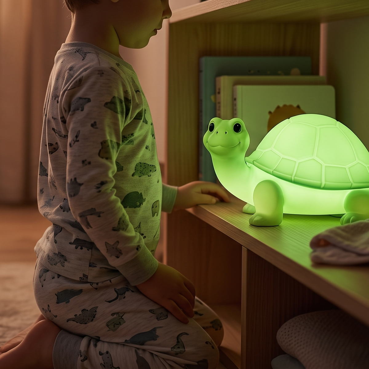 A child in patterned pajamas kneels beside a wooden shelf in a softly lit nursery, touching a glowing green turtle night light. The room has warm ambient lighting, a teepee, and soft furnishings in the background.