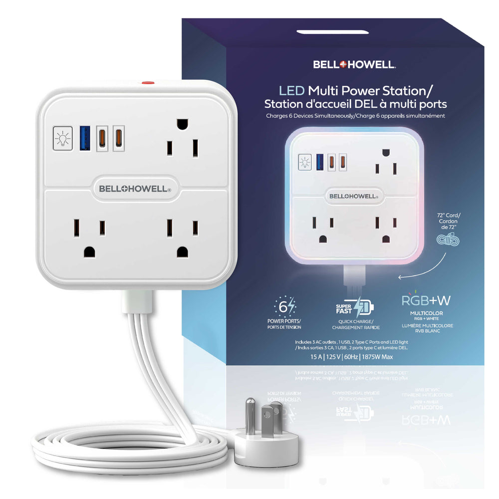 RGB Power Station - Surge Protection, 6 ft. Cord, 6 Power Ports, Super Fast Charging, USB-C, USB-A, Night Light