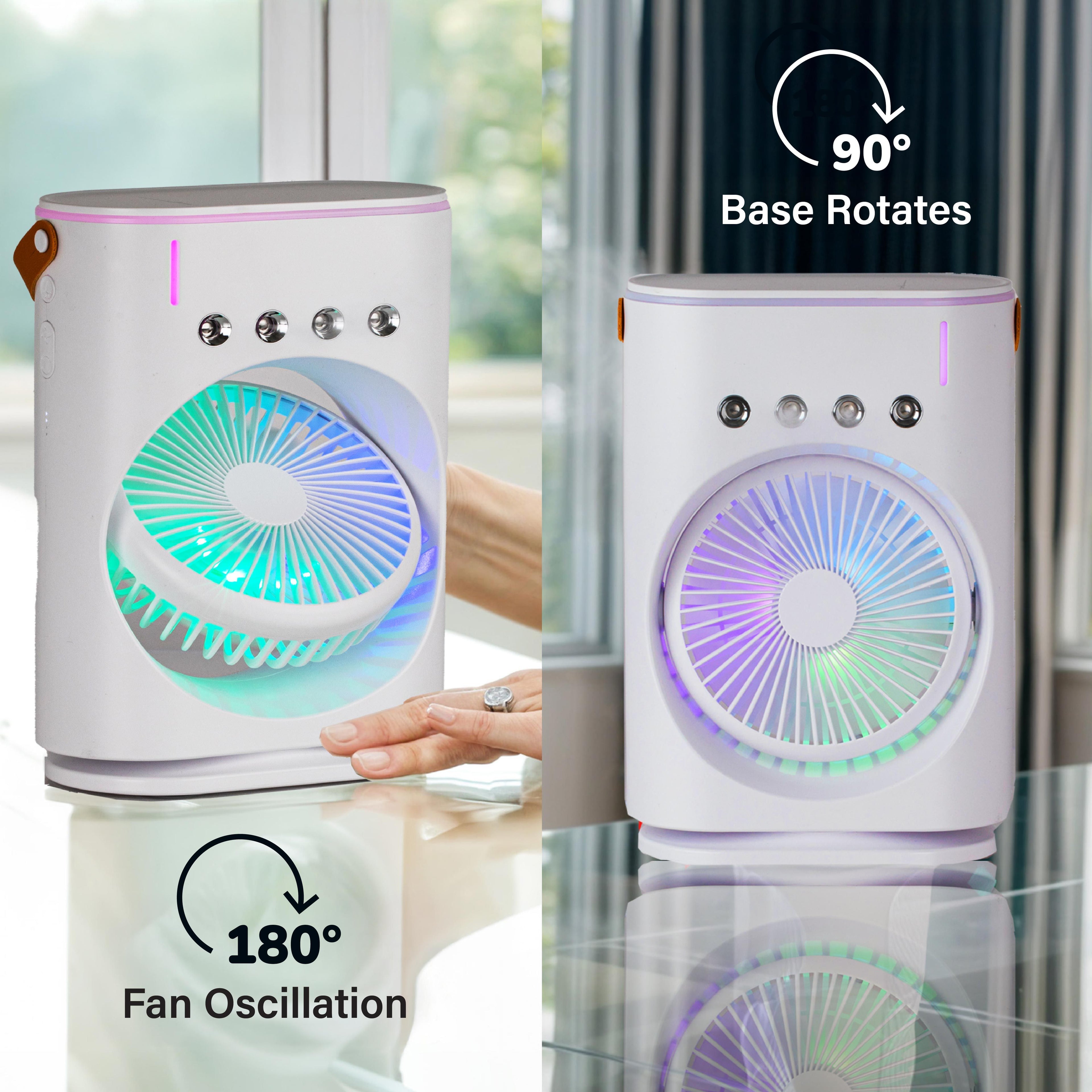 Bullseye Air Cool Misting Fan, Remote Controlled, Oscillating, USB-C Rechargeable, Color Changing, Lightweight, Portable