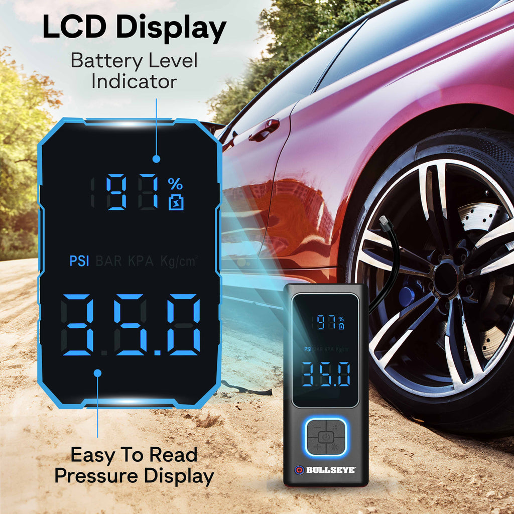 Pocket Air Car Tire Inflator Portable Air Compressor by Bullseye Pro, Rechargeable 4000MAH LED Pressure Gauge, for Cars, Bicycles, Inflatables 7.2V DC
