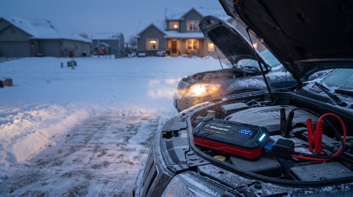 Jump-starting an SUV on a frosty winter morning