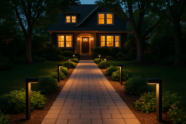 walkway lit with sidewalk lights at a nice home.