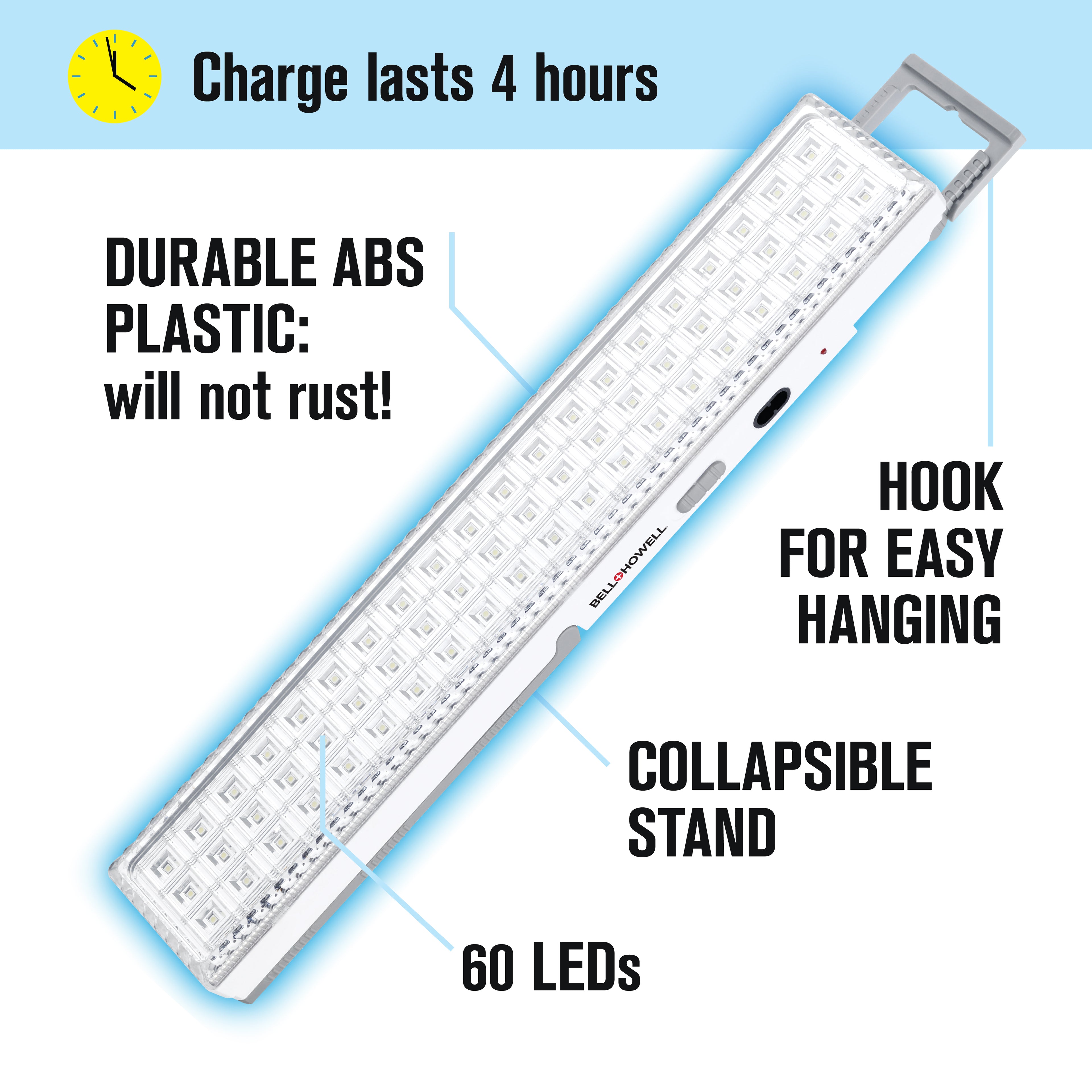 Bell and Howell Light Bar – Portable 720-Lumen Rechargeable LED Emergency Lighting, 60-LED Backup Lamp for Home, Blackouts & Camping