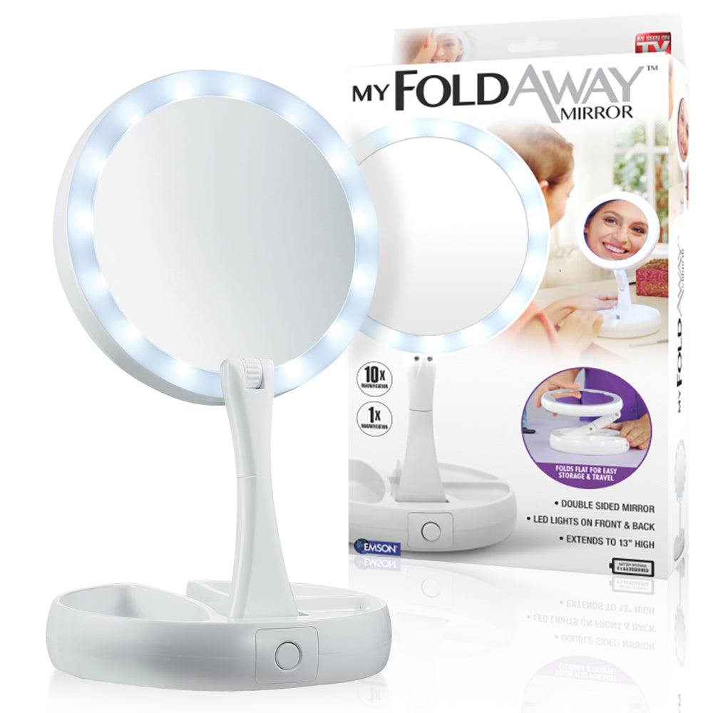 My Foldaway Mirror: LED Lighted, Double-Sided Vanity Mirror with 10x Magnification for Applying Makeup, Shaving, and Grooming