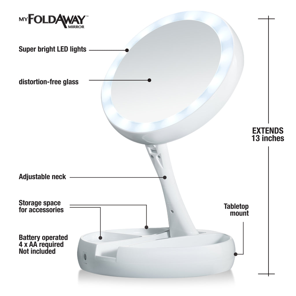 My Foldaway Mirror: LED Lighted, Double-Sided Vanity Mirror with 10x Magnification for Applying Makeup, Shaving, and Grooming