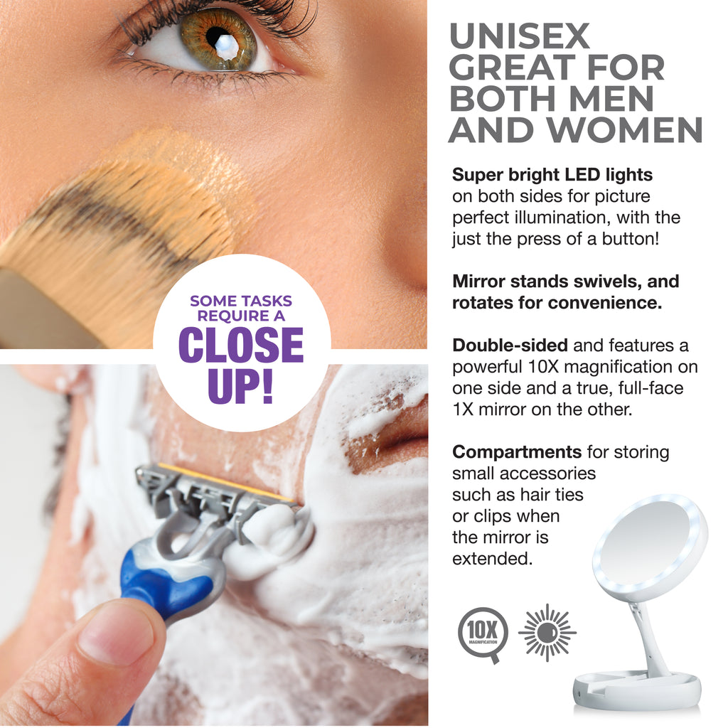 My Foldaway Mirror: LED Lighted, Double-Sided Vanity Mirror with 10x Magnification for Applying Makeup, Shaving, and Grooming