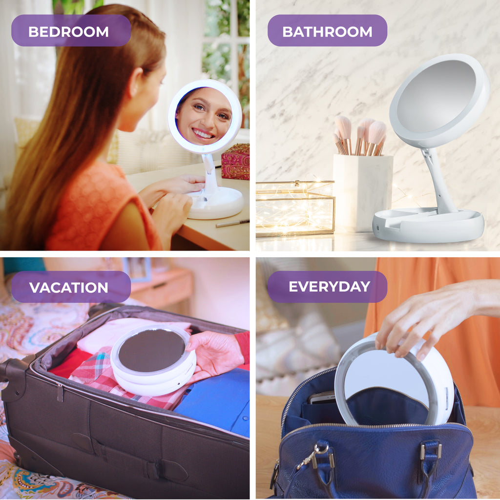 My Foldaway Mirror: LED Lighted, Double-Sided Vanity Mirror with 10x Magnification for Applying Makeup, Shaving, and Grooming