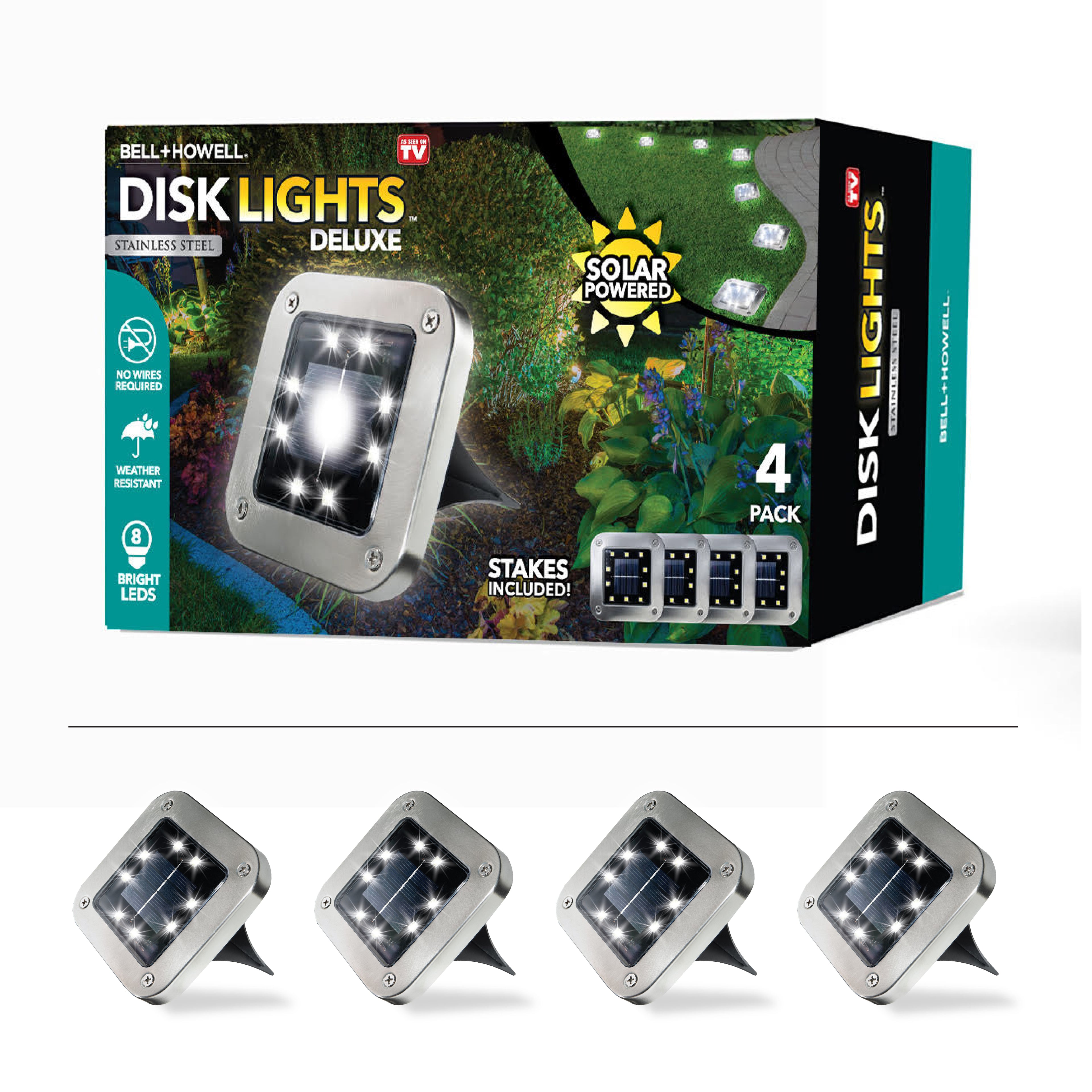 Bell + Howell Stainless Steel Pathway & Landscape Disk Light Square 4 Pack with 8 LED