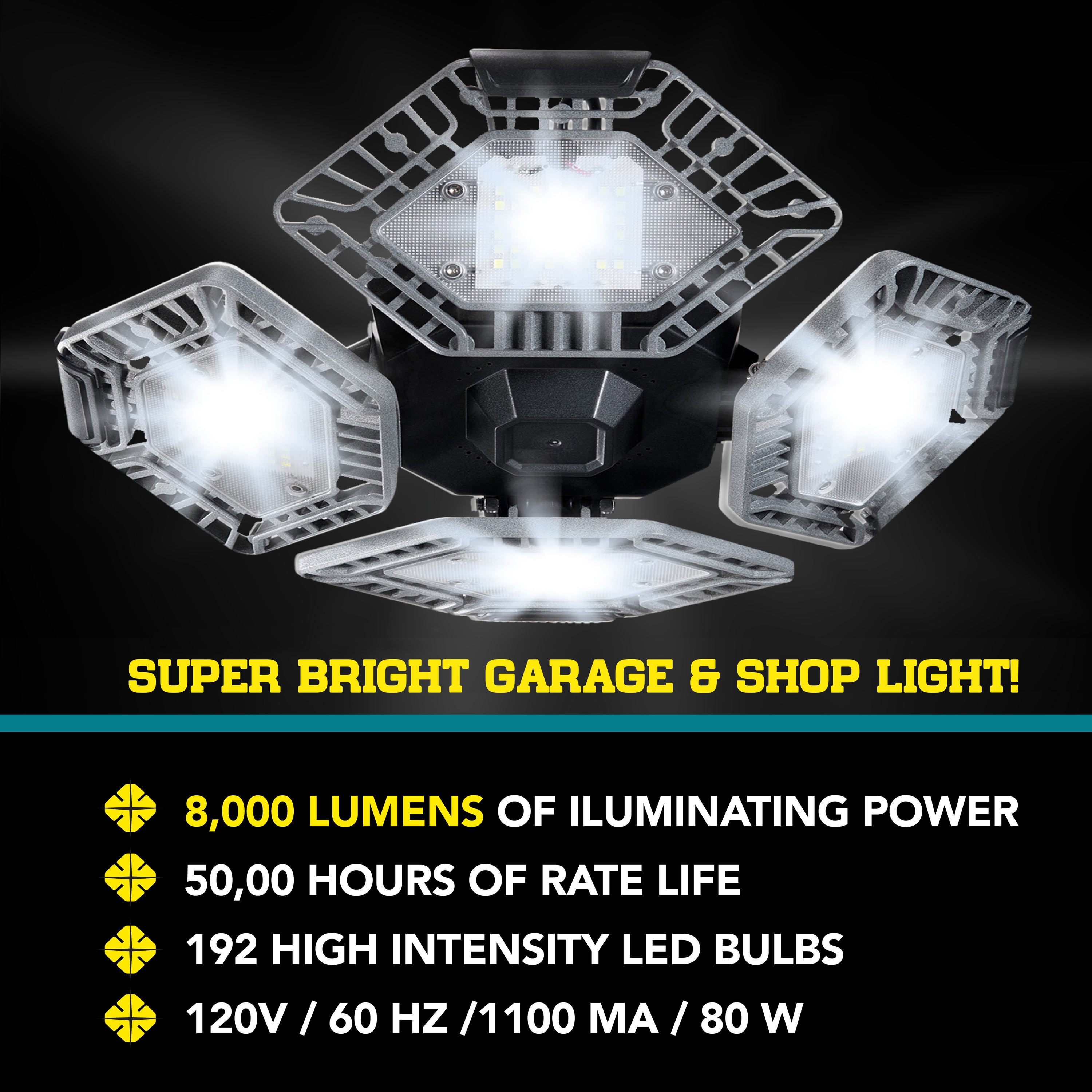 Bell + Howell Quad Burst 8000 Lumens, LED Ceiling Light Work Light, Garage Light, Indoor Outdoor Lighting