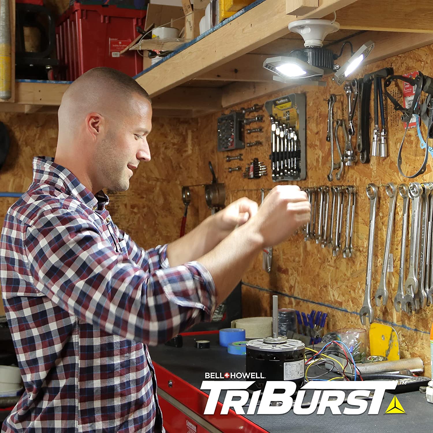 Bell+Howell Triburst Motion Activated LED Garage Light 4000 Lumen High Intensity Lighting with 144 LED Bulbs, Multi-Directional Triple Panel LED Shop Light, Ceiling Light, and Garage Lighting