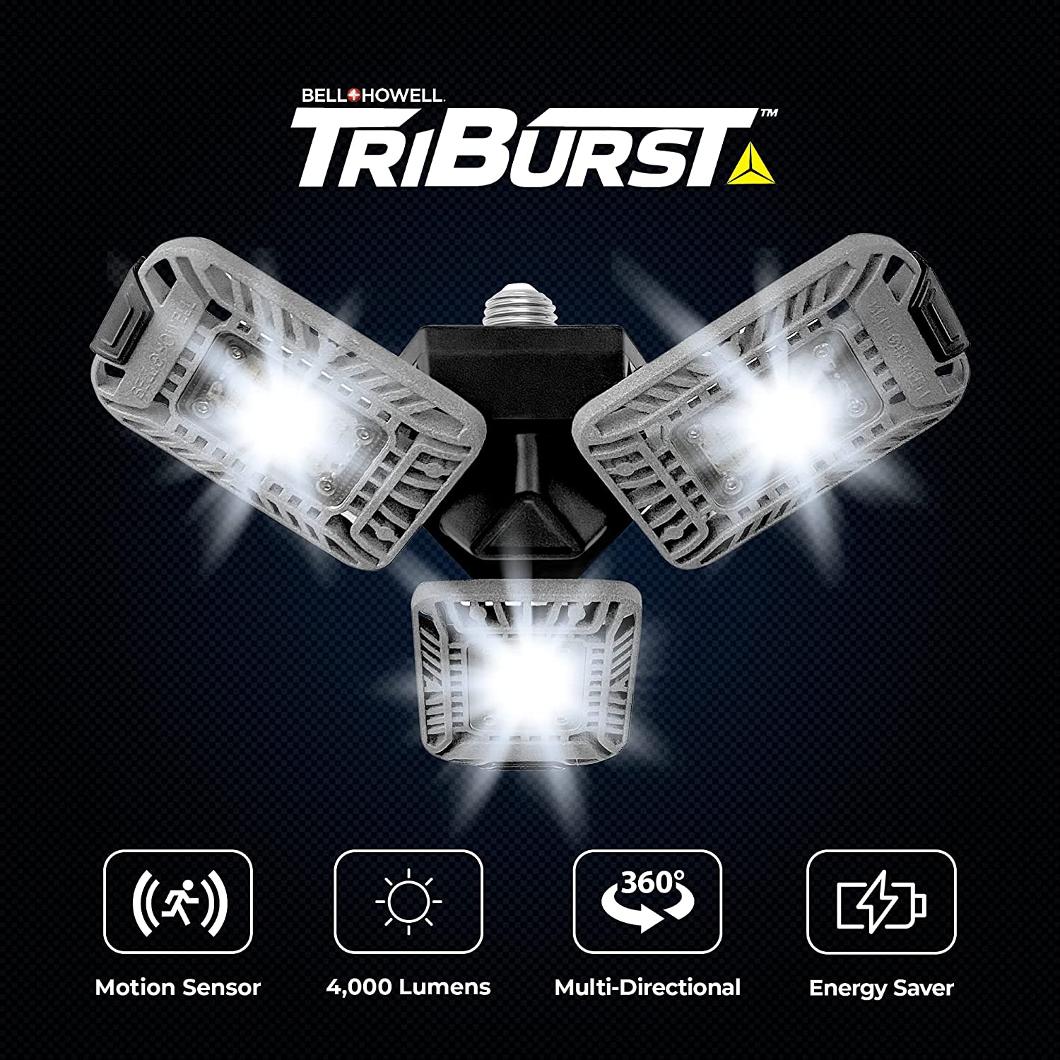 Bell+Howell Triburst Motion Activated LED Garage Light 4000 Lumen High Intensity Lighting with 144 LED Bulbs, Multi-Directional Triple Panel LED Shop Light, Ceiling Light, and Garage Lighting
