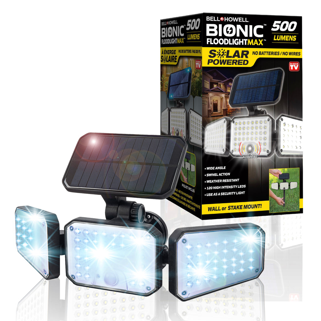 Bell+Howell Bionic Flood Light Max, 500 Lumen LED Solar Lights Outdoor Waterproof, Solar Flood Lights Outdoor Motion Sensor with 360° 3 Panel Swivel Design, Bionic Flood Light