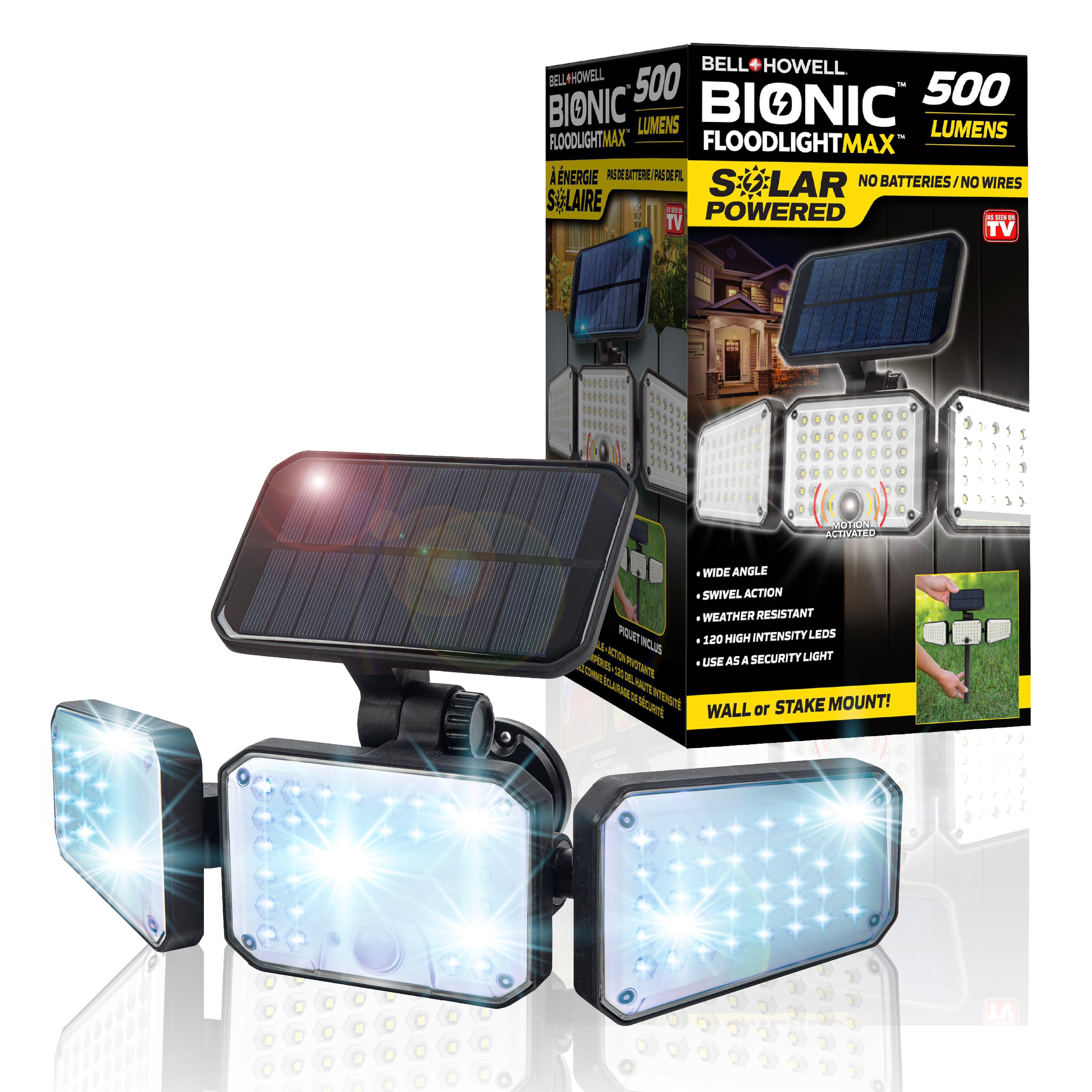 Bell+Howell Bionic Flood Light Max, 500 Lumen LED Solar Lights Outdoor Waterproof, Solar Flood Lights Outdoor Motion Sensor with 360° 3 Panel Swivel Design, Bionic Flood Light