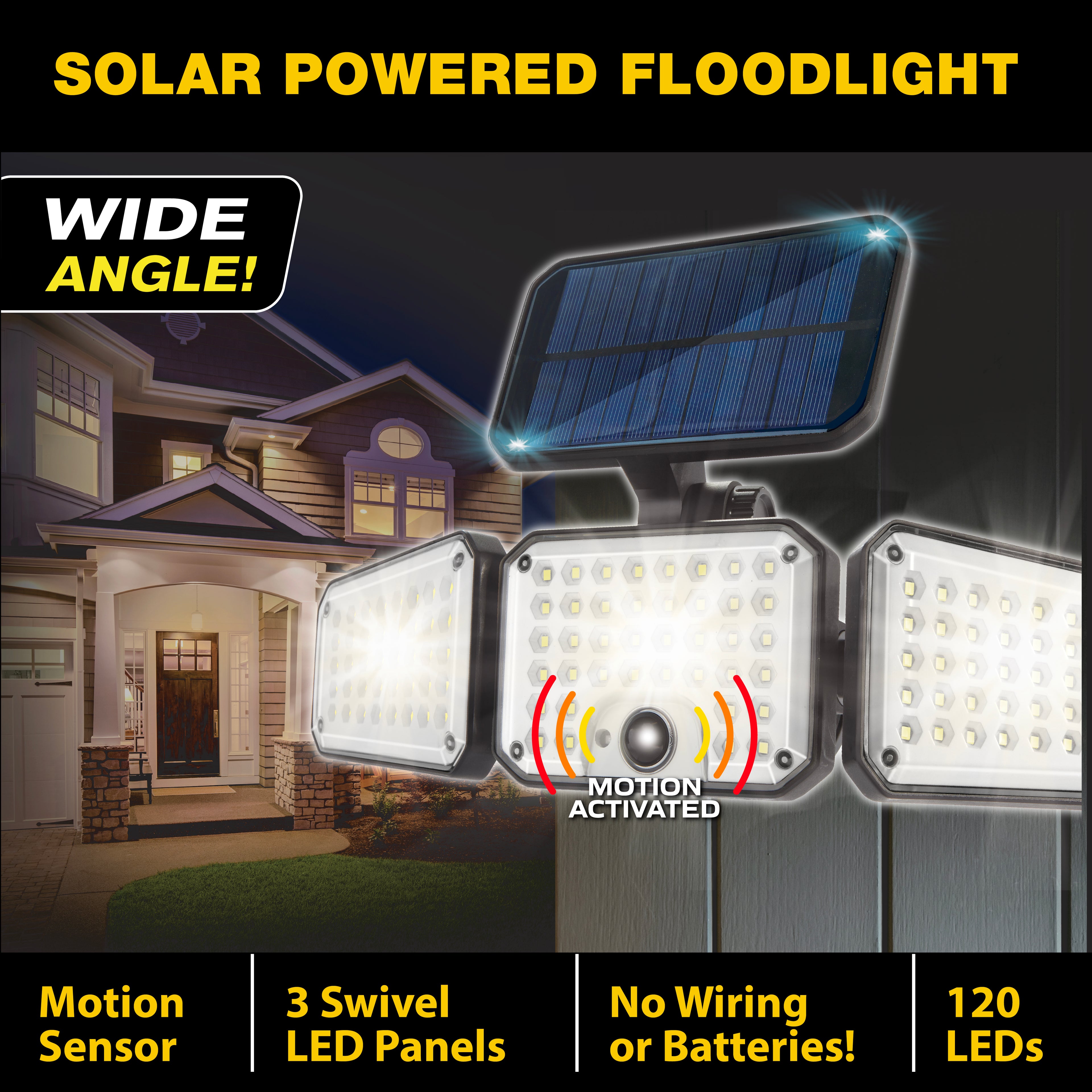 Bell+Howell Bionic Flood Light Max, 500 Lumen LED Solar Lights Outdoor Waterproof, Solar Flood Lights Outdoor Motion Sensor with 360° 3 Panel Swivel Design, Bionic Flood Light