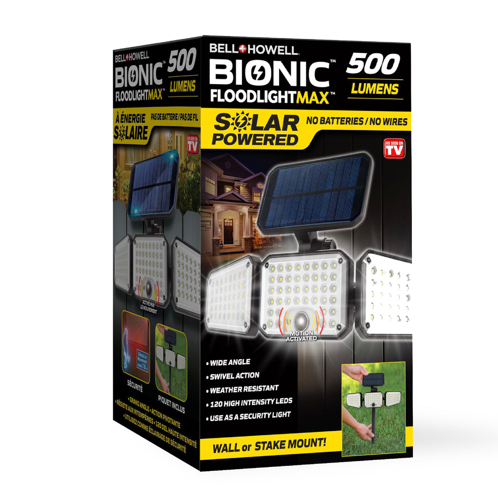 Bell+Howell Bionic Flood Light Max, 500 Lumen LED Solar Lights Outdoor Waterproof, Solar Flood Lights Outdoor Motion Sensor with 360° 3 Panel Swivel Design, Bionic Flood Light