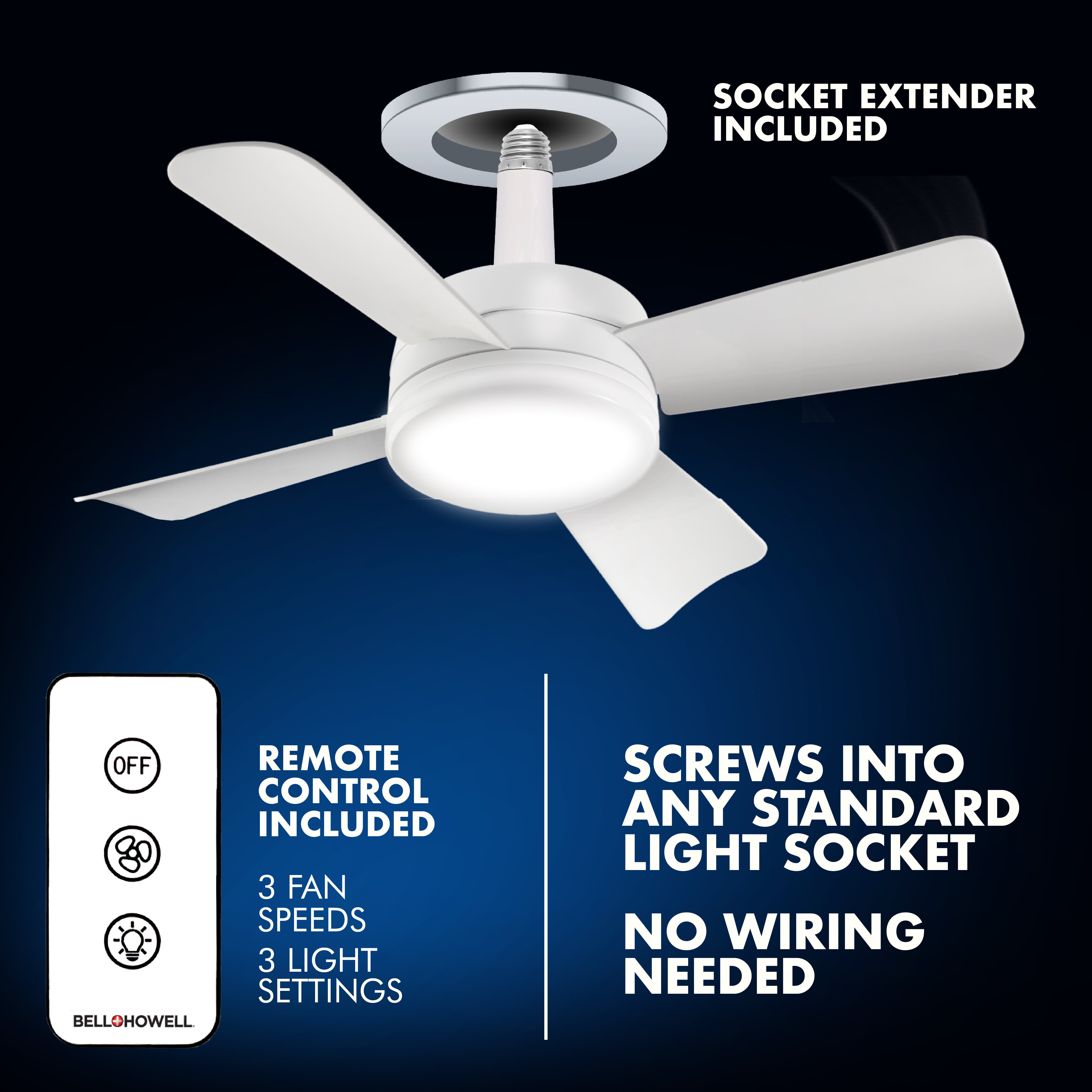 Bell + Howell Screw-In Socket Fan - Remote Controlled Socket Ceiling F